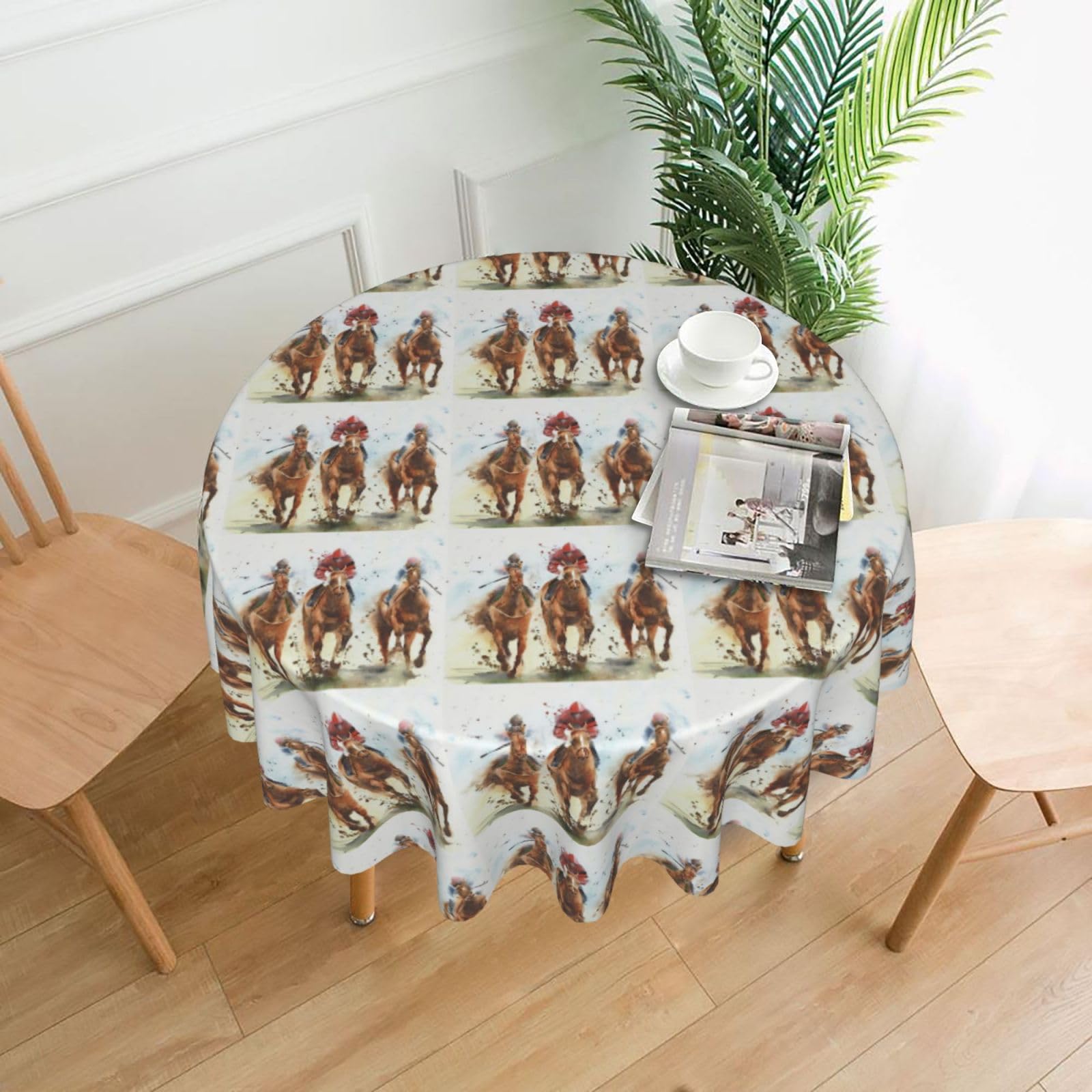 YYHWHJDE Horse Race Riding Prints 60in Round Decorative Tablecloth – High-Grade Polyester Throw for Stylish Dining & Event Table Protection
