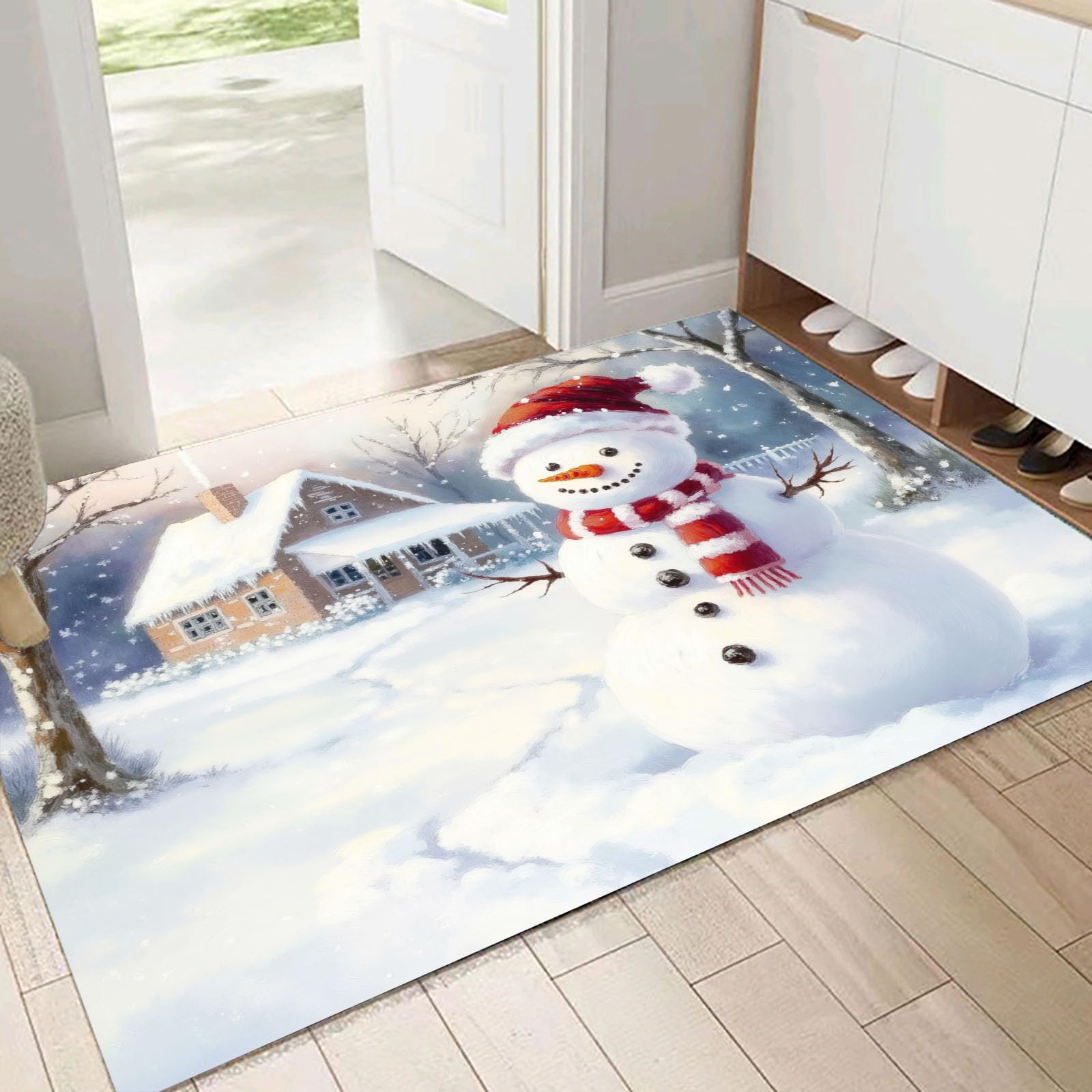 Schmutzfangmatte Innen 80x120cm, Schneemann-Holzhaus Waschbare rutschfeste Fußmatte, Retro-Winter-Schneeszene Fußmatte Eingangstürmatte für Haustür Flur Innenbereich, Weiß