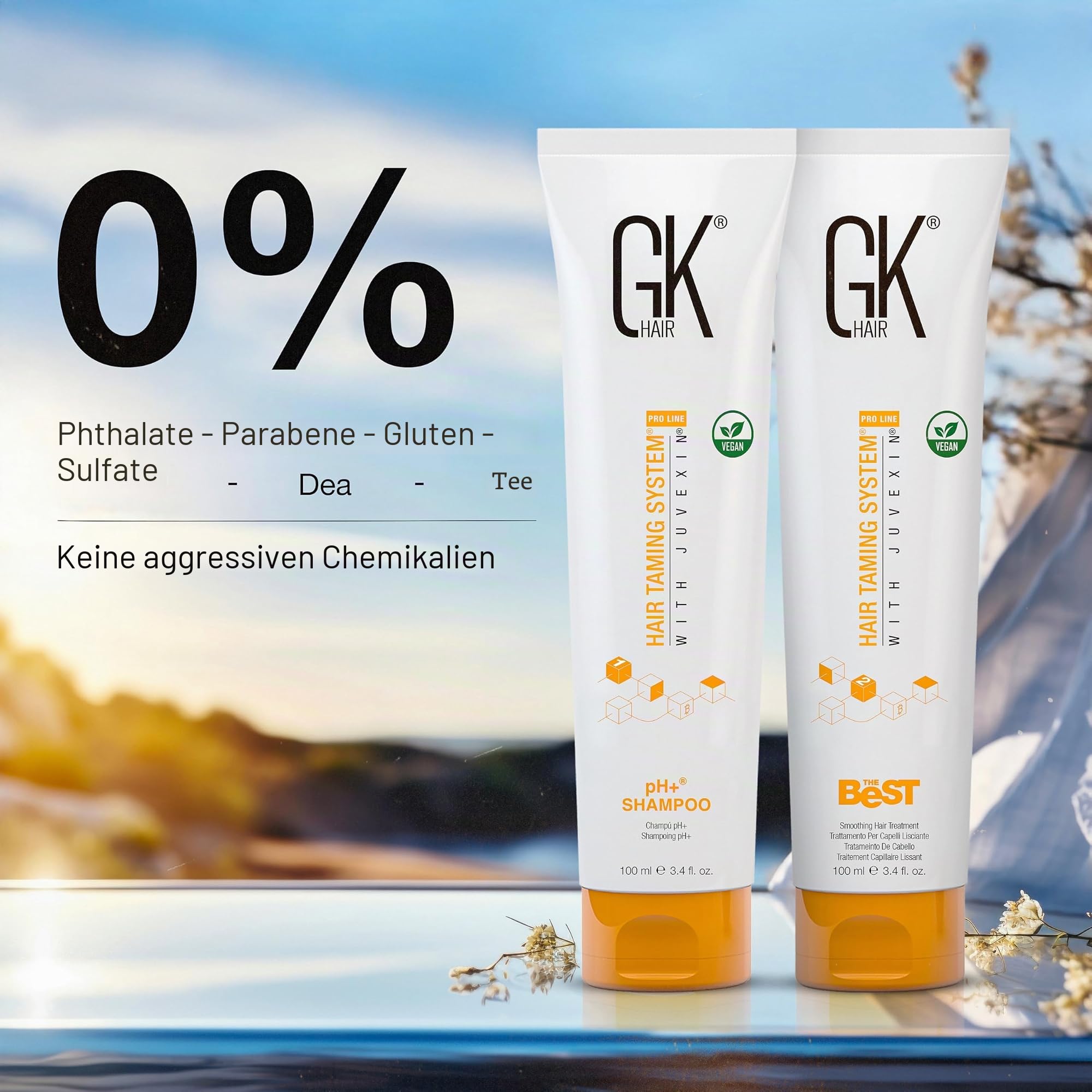 GK HAIR Global Keratin pH-neutrale Keratin Glättungsbehandlung (100 ml) + Klärendes Shampoo (100 ml), beste Glättung und Stärkung für gesundes Haar – alle Haartypen