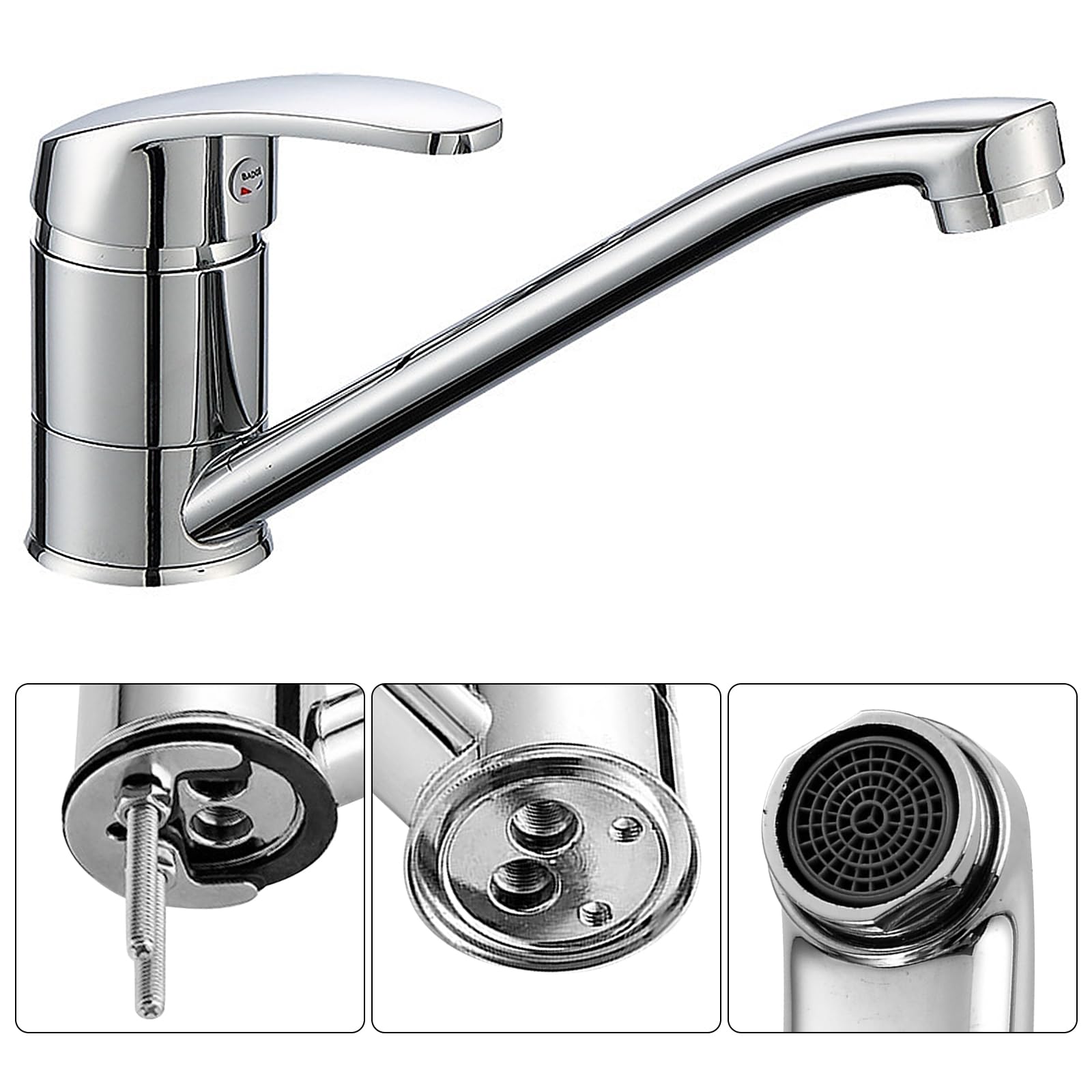 Mitigeur d'évier de cuisine et 2 tuyaux de 60 cm, robinet de caravane, levier supérieur monobloc avec long bec pivotant, robinet traditionnel chromé