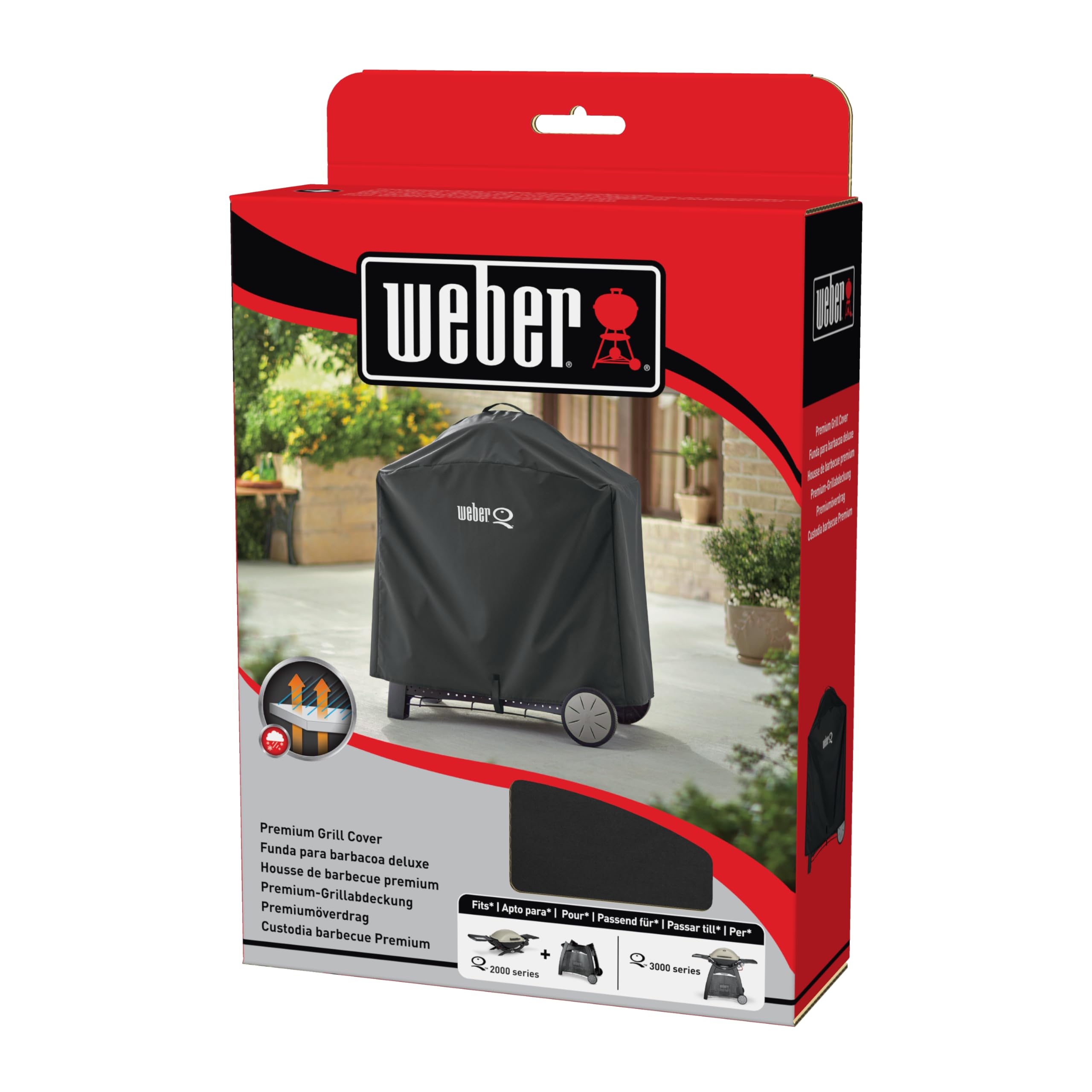 Weber Premium Grill Abdeckhaube für Q 300/3000 Serie, atmungsaktiv UV- & wasserbeständig, Schutz for Wind & Wetter, mit Klettverschluss zum Befestigen - Schwarz (7184)