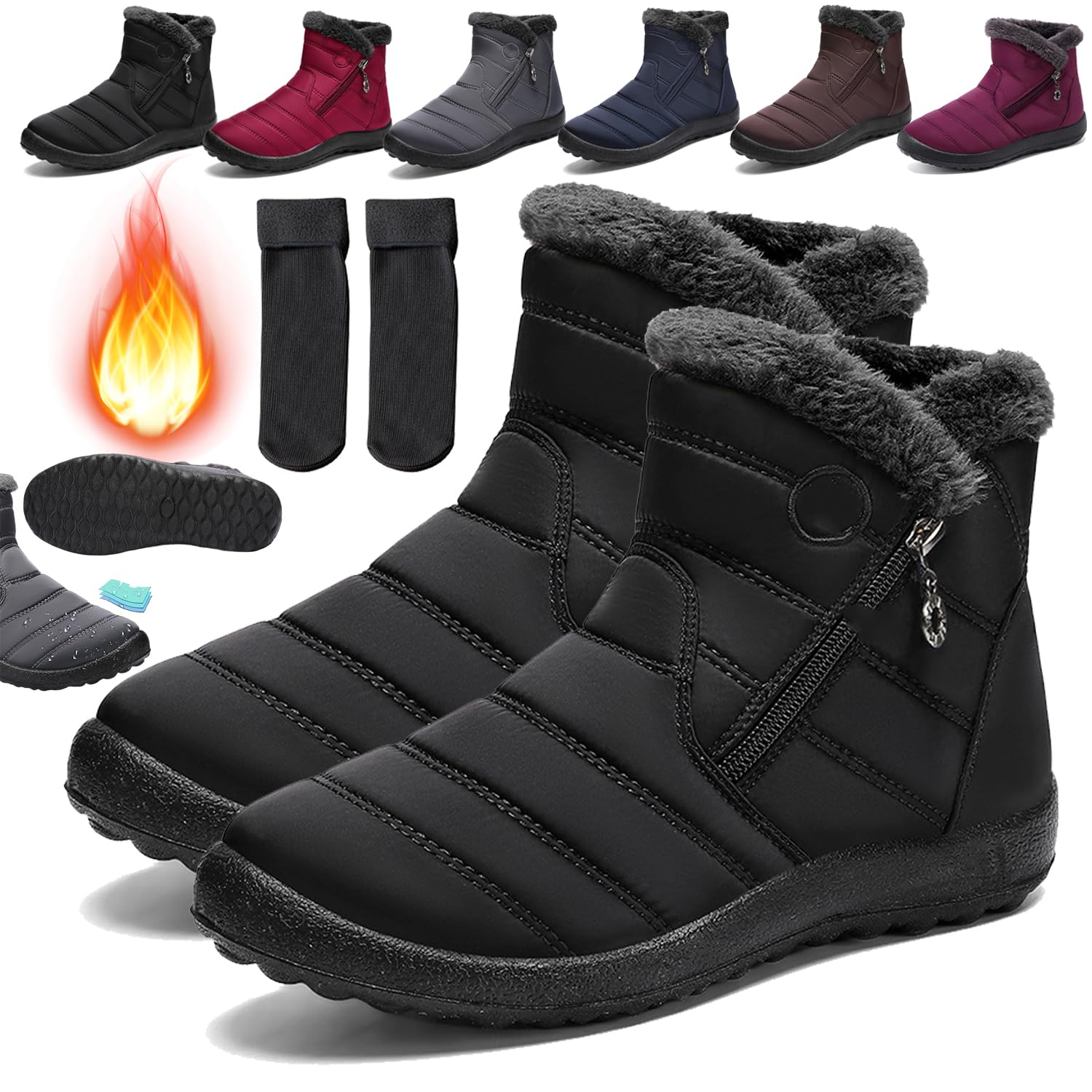 Women's Cozy Winter Waterproof Anti-Slip Boots, Waterproof Side Zipper Plush Lined Boots, Unisex Outdoor Slip on Waterproof Short Boots