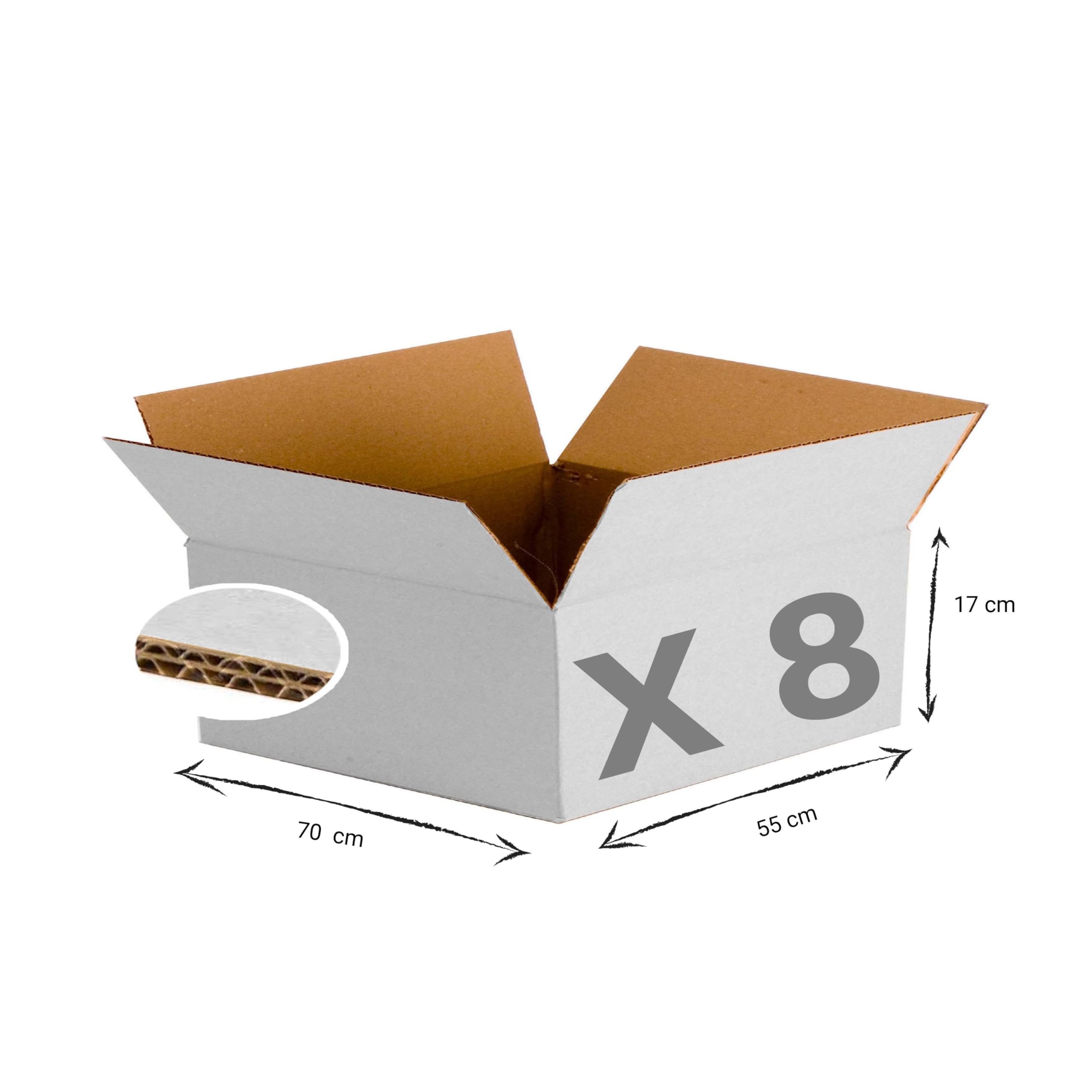 SIMPLETEK - 8 Pcs. Scatole di Cartone 70 x 55 x 17 Cm | Colore Bianco | Rinforzata a Doppia Onda