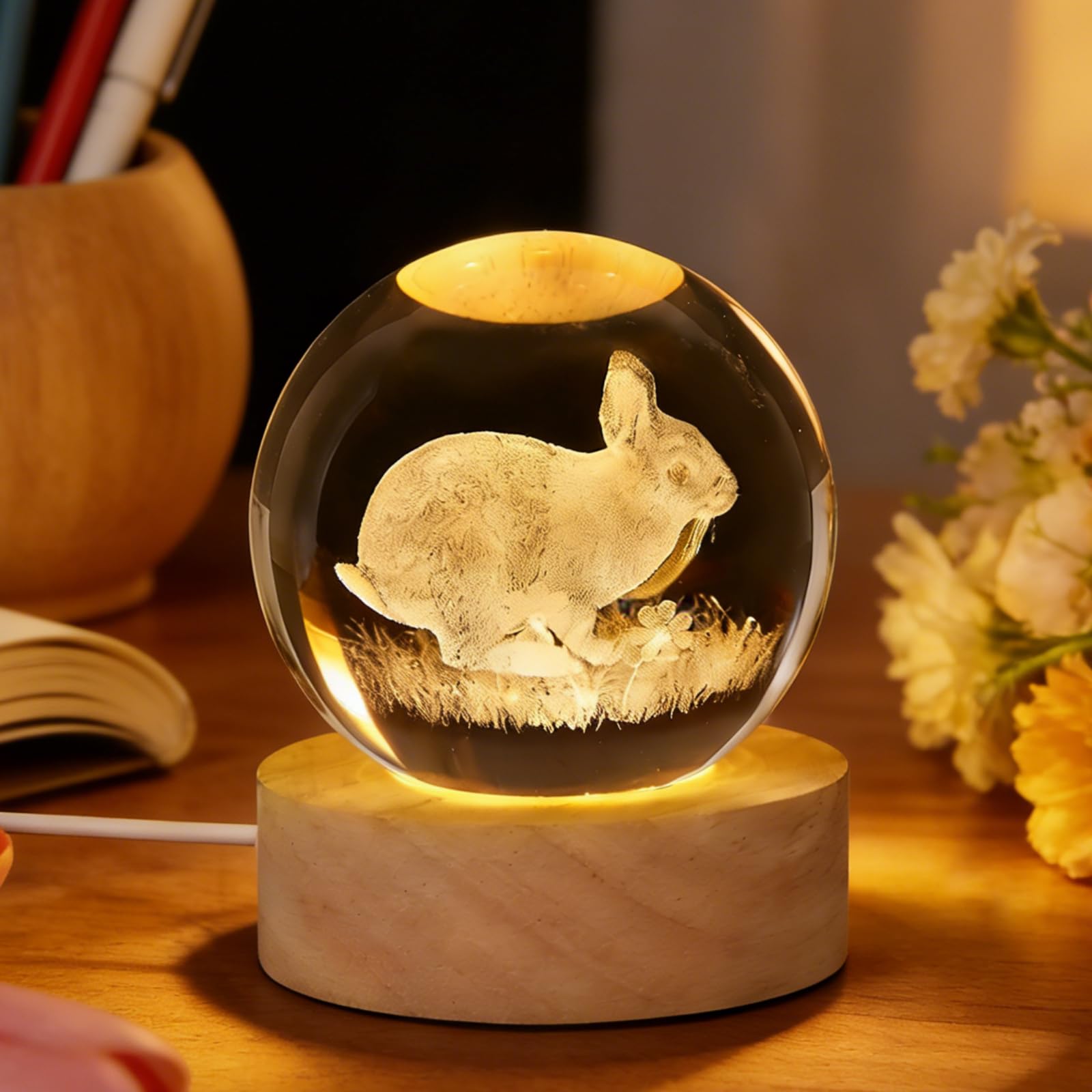 Minicoco 3D Crystal Ball Night Lights 6cm Crystal Globe Bunny Glass Ball with LED Lamps & Wood Base Glowing Planets Globe Lighting Decor for Home Office Paperweight Gift for Her/Him