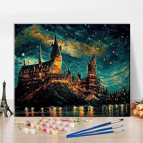TUMOVO Pintura de castillo por números, pintura abstracta por números para adultos, pintura acrílica colorida por números con pinceles y pigmento