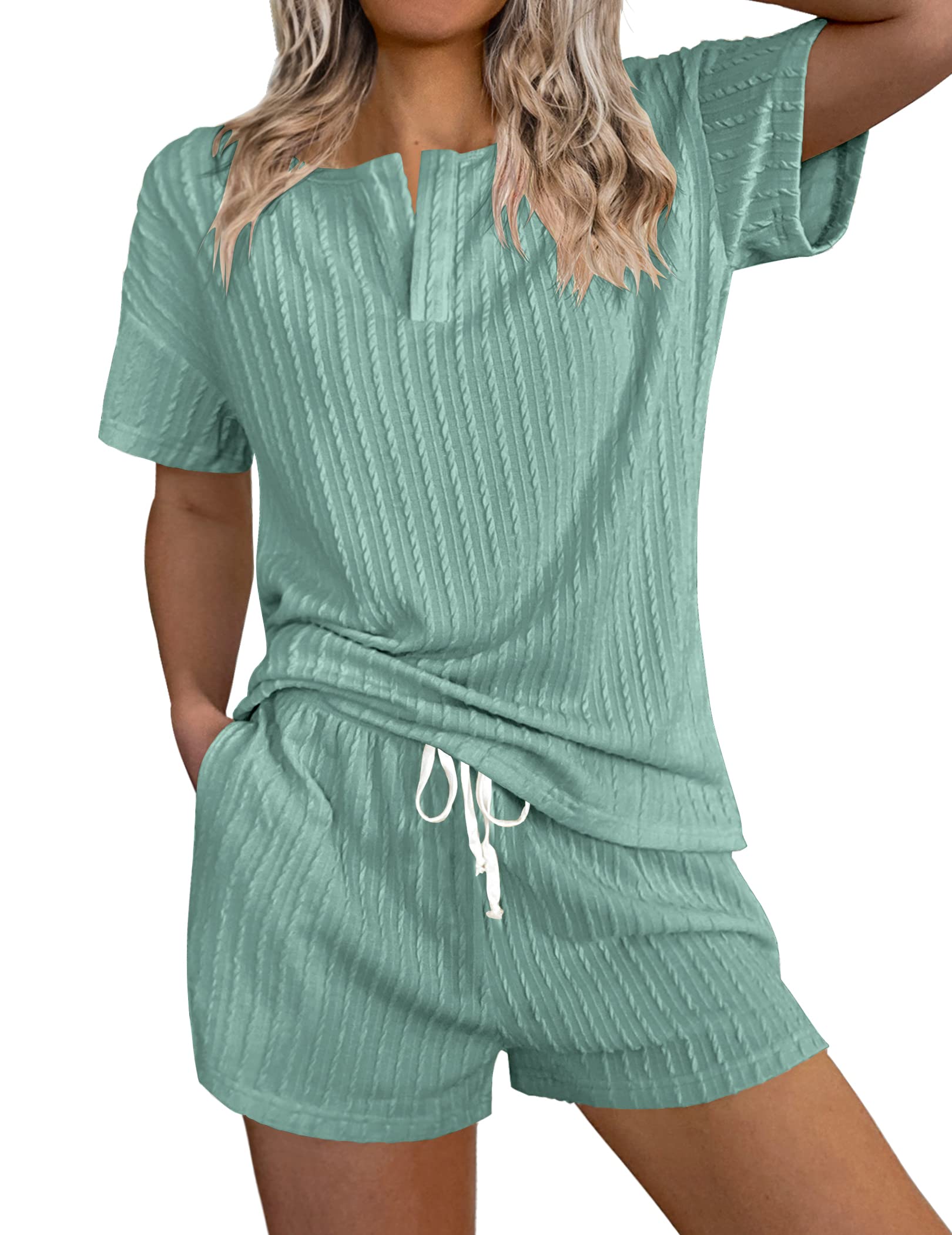 Ekouaer Pajamas for Women Set Ribbed Knit Lounge Sets 2 piece pj sets for woman with Pockets