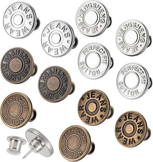 ZENGLU 12 Sets Jean Buttons pins No Sew Instant 17mm Replacement Button Adjustable Pants Buttons Kit