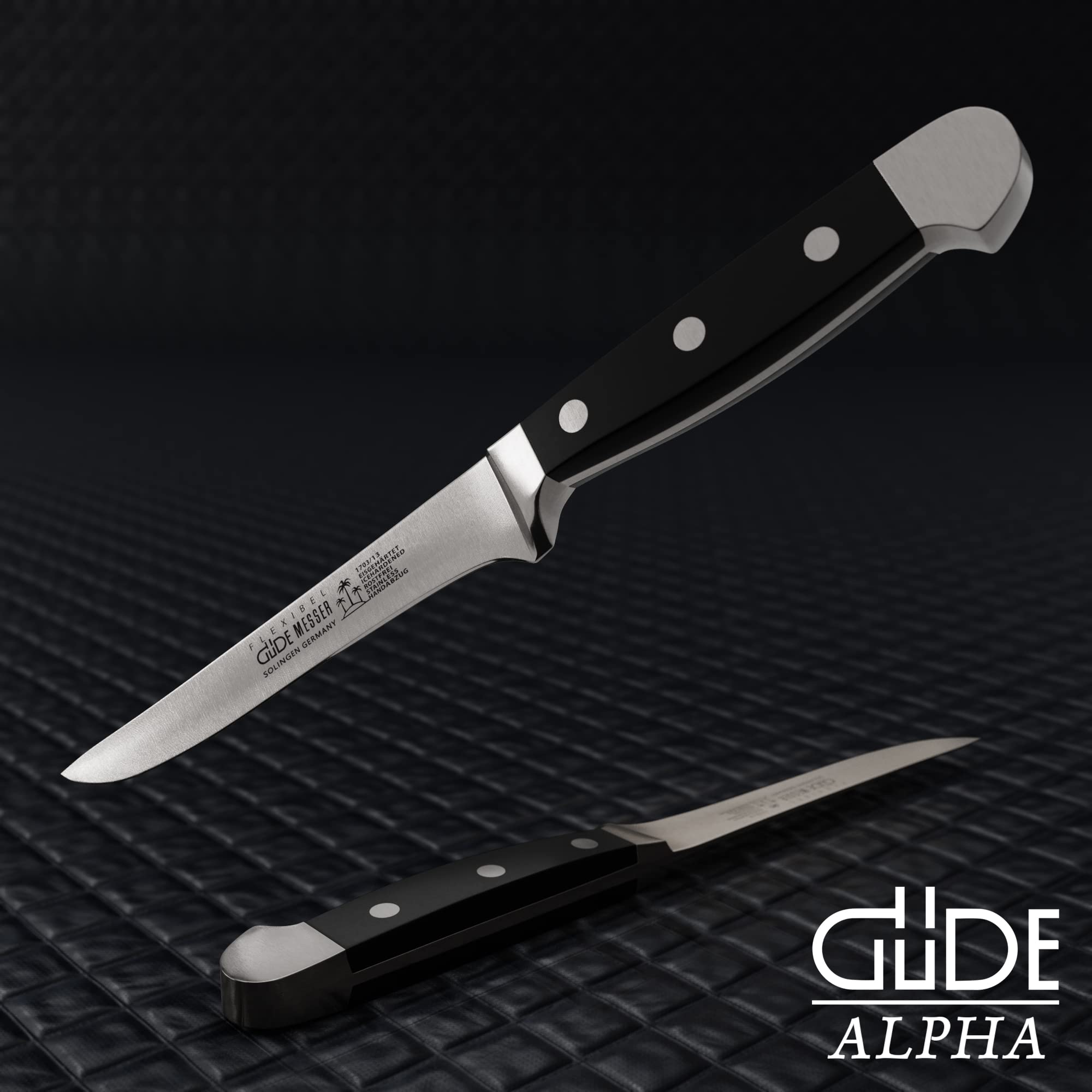 GÜDE Solingen - Ausbeinmesser flexibel geschmiedet, 13 cm, POM schwarz, ALPHA, Doppelkropf, Handmade Germany