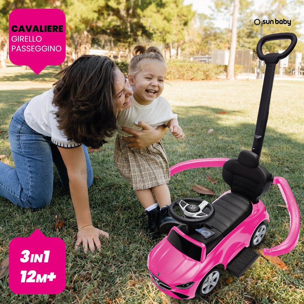 sun baby Macchinina Cavalcabile per Bambini, Macchina a spinta da 12 mesi, schienale alto, volante audio, poggiapiedi estensibili, vano portaoggetti (Rosa)