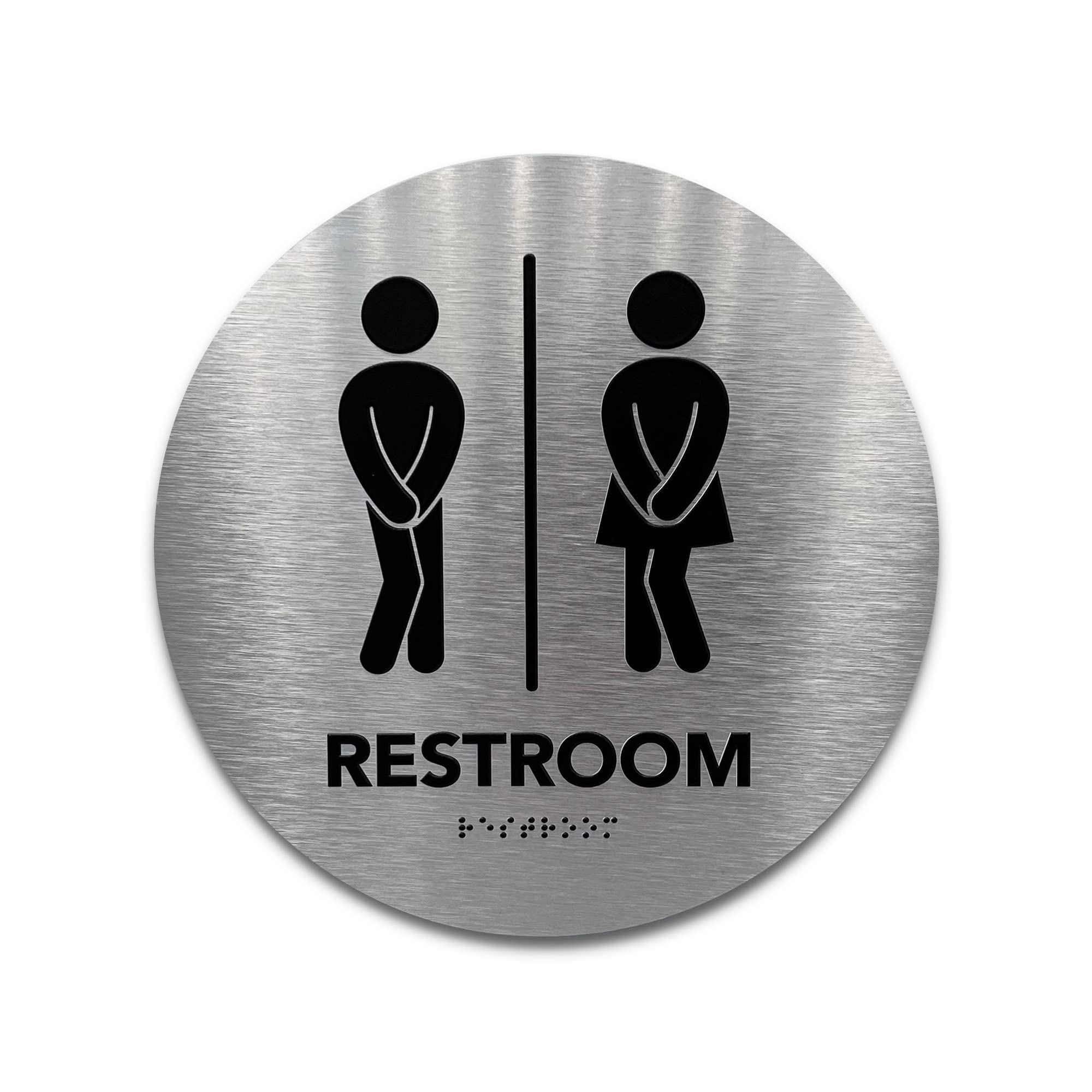 Cartel de baño unisex Circle Boutique de GDS – Iconos elevados y braille de grado 2 – Incluye tiras adhesivas para una fácil instalación – 9 pulgadas de diámetro (aluminio cepillado)