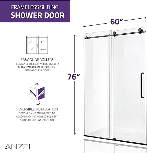 Miniatura 4 de ANZZI SD-AZ13-02BN - Puerta de ducha sin marco de 76 x 60 pulgadas, níquel cepillado, kit completo de ducha Madam, panel de vidrio deslizante