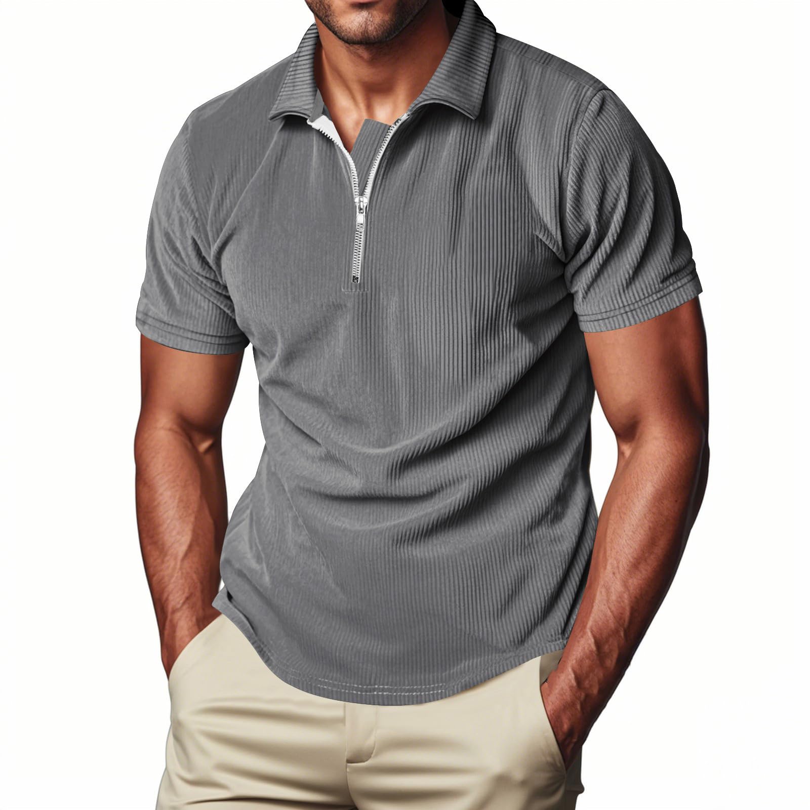 Koszulka polo T-shirty męskie solidny kołnierz z klapą top z krótkim rękawem z zamkiem błyskawicznym męskie klasyczne dopasowanie ubrania do miejskiego stylu casual