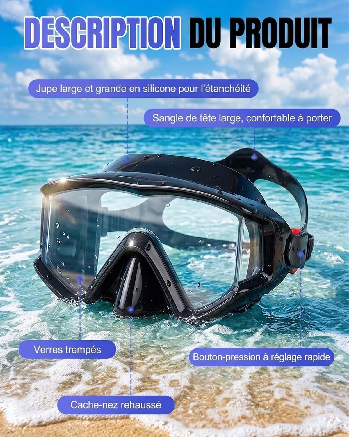 Masque de Plongée avec Vision Panoramique 180°,Masque Tuba Adulte Anti-Buée et Anti-Fuite avec Verre Trempé HD, Lunette Tuba Snorkeling RéGlable pour Natation, Plongée et Apnée