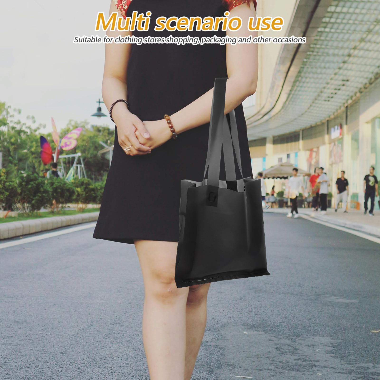 jojofuny 50 Piezas Bolsa de Compras de Ropa Bolsa de Mano Reutilizable Pe Negro Asas de Hombro, para Prendas, Embalaje y Compras en Tienda de Ropa, Tamaño Mediano