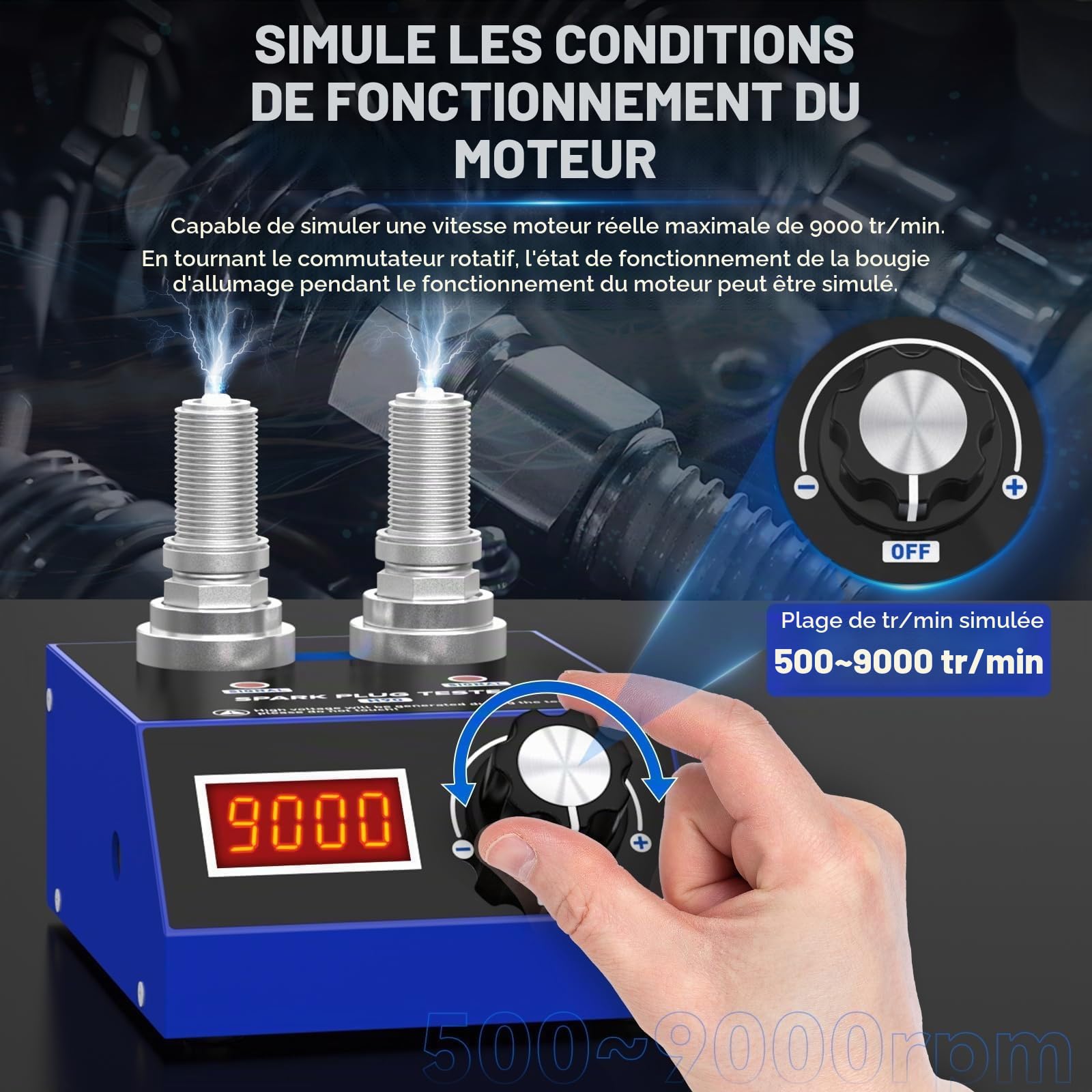 PLAYOCCAR 110V/220V Testeur de bougies - Double trou Automobile Testeur de bougies d'allumage pour bougies longues, Fréquence 500~9000RPM, Bougie d'allumage pour voiture à essence,avec affichage, pour