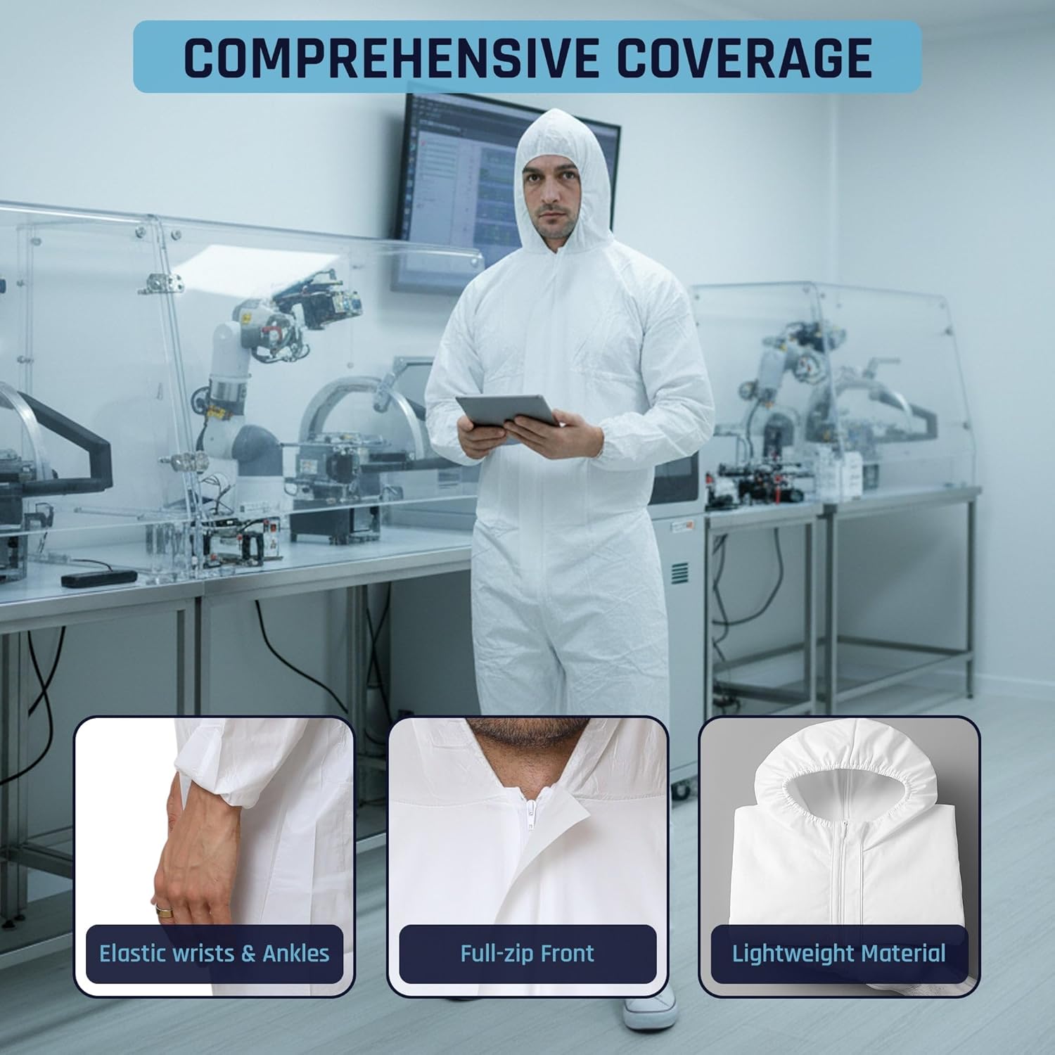 Microporous Disposable Coveralls, Protective Suit with Elastic Wrists & Ankles, Optional Hood & Boots