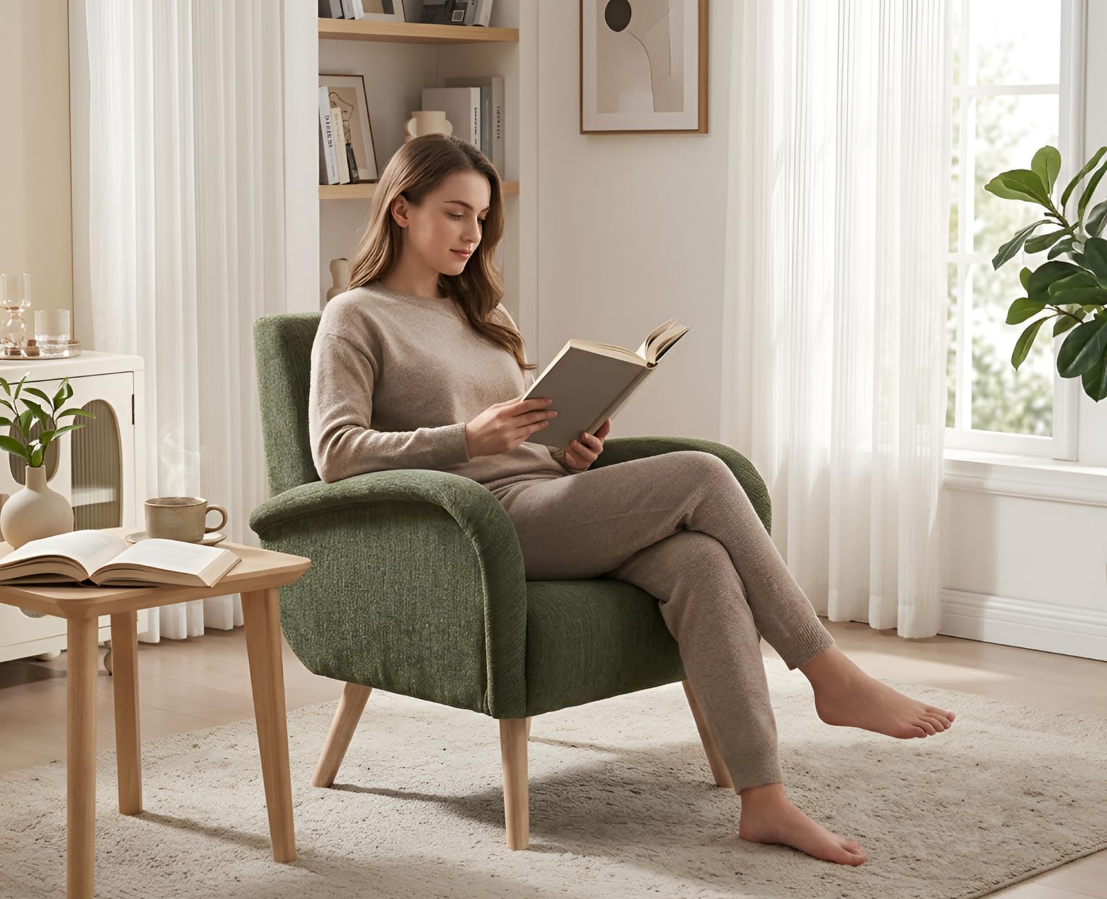 Ya-Home Poltrona Imbottita Sedia da Salotto Poltroncina Moderna in Tessuto Poltrone Salotti con Gambe in Legno Sedie Imbottita per Camera da Letto/Soggiorno, Verde