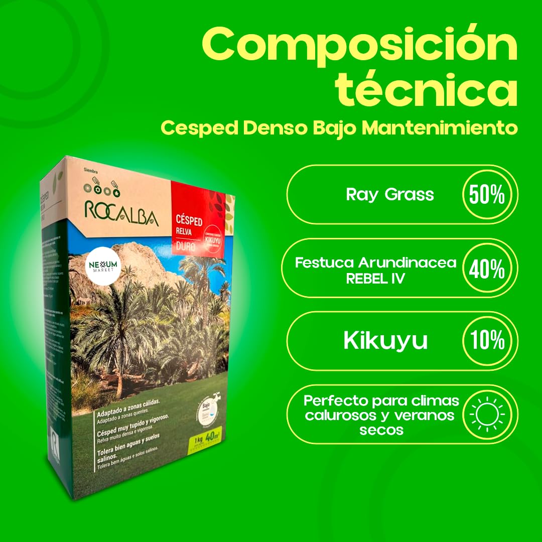 Semillas de Césped con Kikuyu Duro 1 kg | Resistente al Pisoteo y Agua Salina | Bajo Mantenimiento | Ideal para Zonas Secas | Suelos Difíciles | Cobertura 40 m2 | Mezcla Profesional | Nexum Market