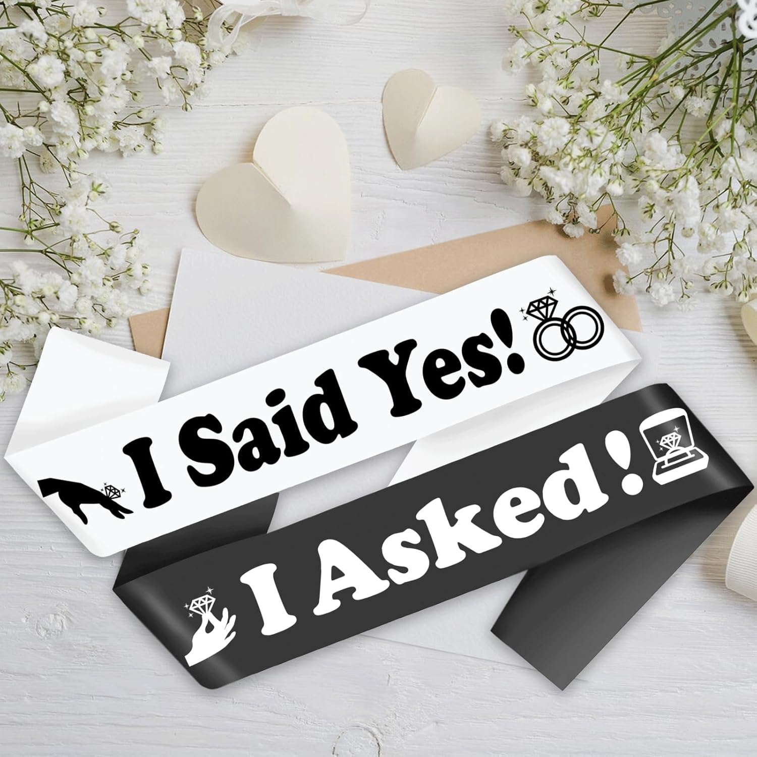 "I Asked ! & I Said Yes ! - 2 Pcs Groom to Be Sash and Bride to Be Sash Kit, Black White Bachelor & Bachelorette Party Sashes for Wedding Bridal Shower Decorations Engagement Gifts - Image 9