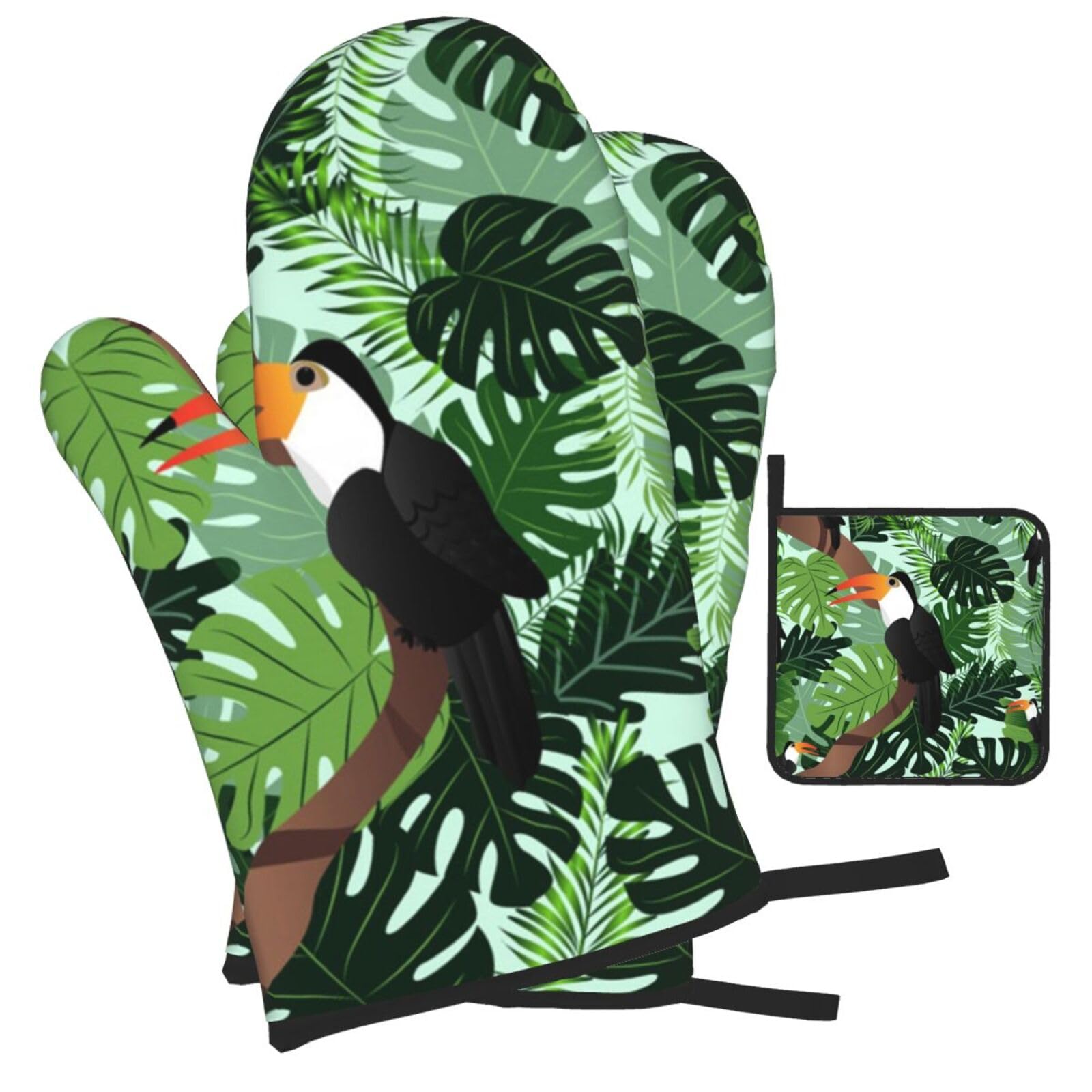 Tropical Leaves Bird Printed Oven Mitts and Pot Holders Heat Resistant Set of 3 Pcs, Modern Kitchen Gloves & Potholders for Cooking Baking Grilling