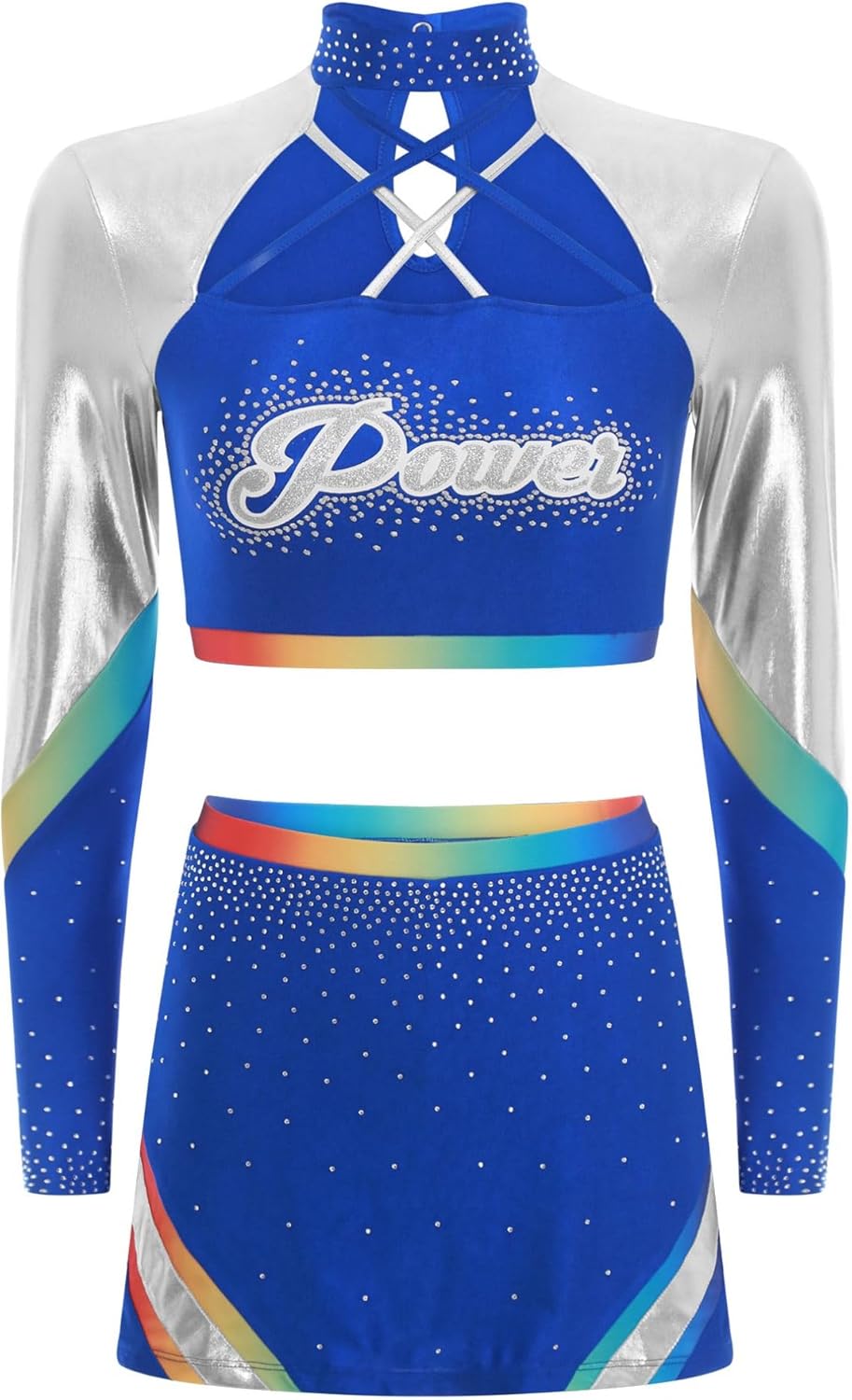 FEESHOW Cheerleading Dancewear Set for Women Mock Neck Long Sleeve Crop Top with Mini Skirt