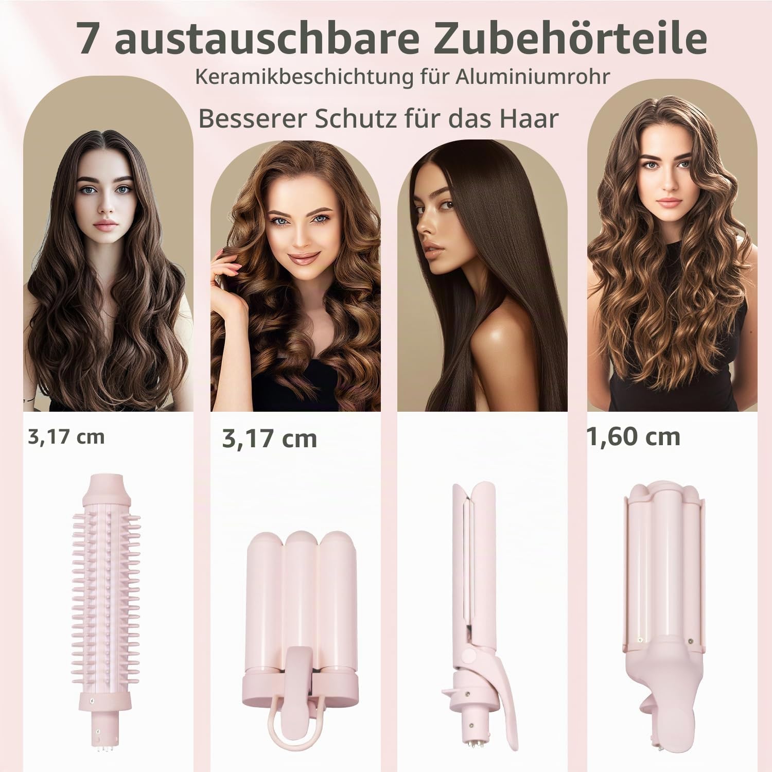 Lockenstab Lockenstäbe Set 7 in 1 für großer Wellen, (0,6 "-1,25"), Crimper Styling Werkzeuge, beheizte runde Bürste, Haargerät, Keramikbeschichtung mit rosa Geschenkverpackung