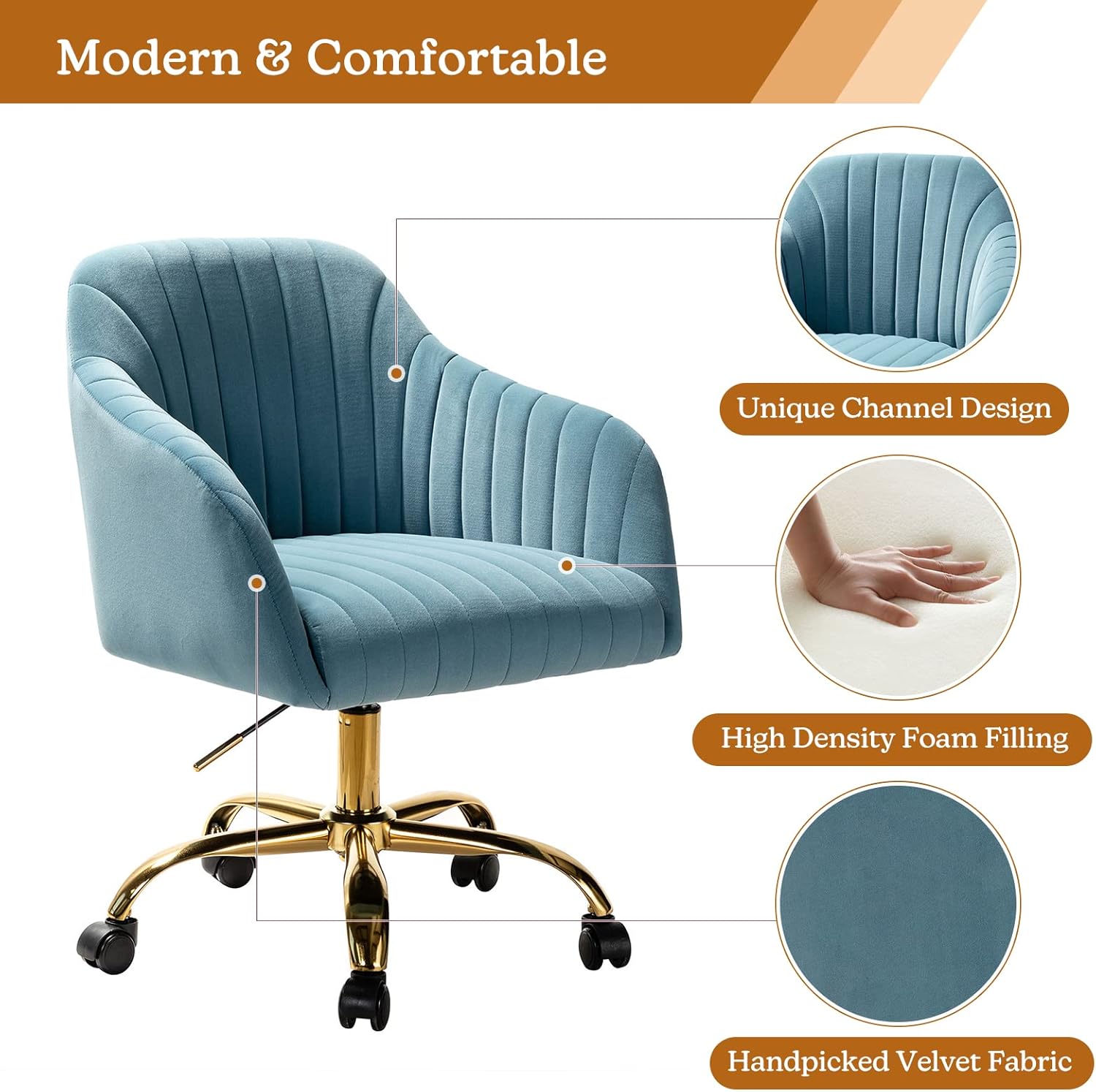HULALA HOME Velvet Home Office Desk Chair, Modern Cute Computer Task Chair, Wheels Swivel Height Adjustable Upholstered Vanity Chair for Women, Girls (Gold Base, Blue)