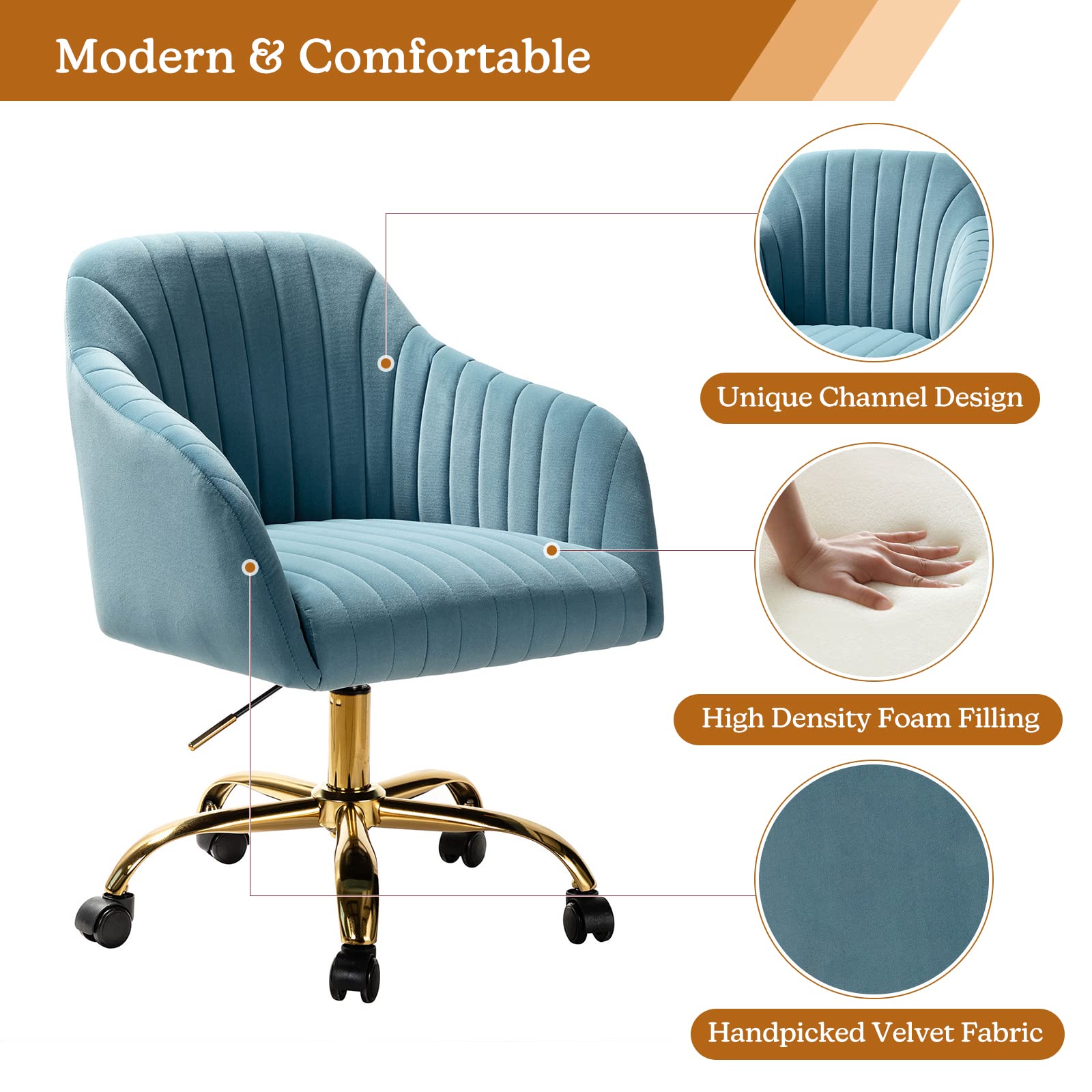 COSTWAY Velvet Office Chair, Height Adjustable Swivel Computer Desk