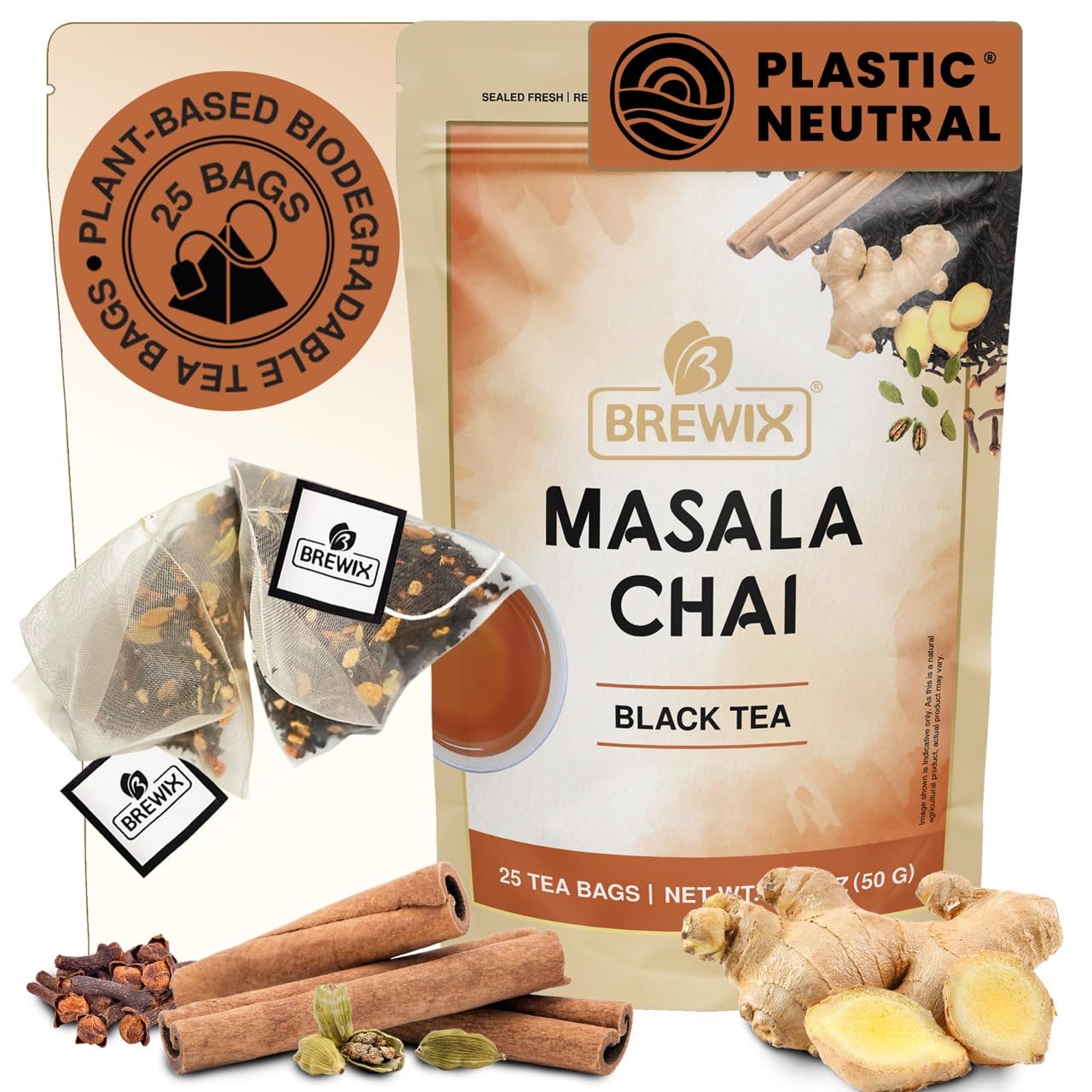 BREWIX, Masala Chai Tea Bags (25 Pyramid Tea Bags) Strong, Robust & Spicy - Pure Ingredients | Black Tea, Cinnamon, Ginger, Black Pepper, Cardamom &