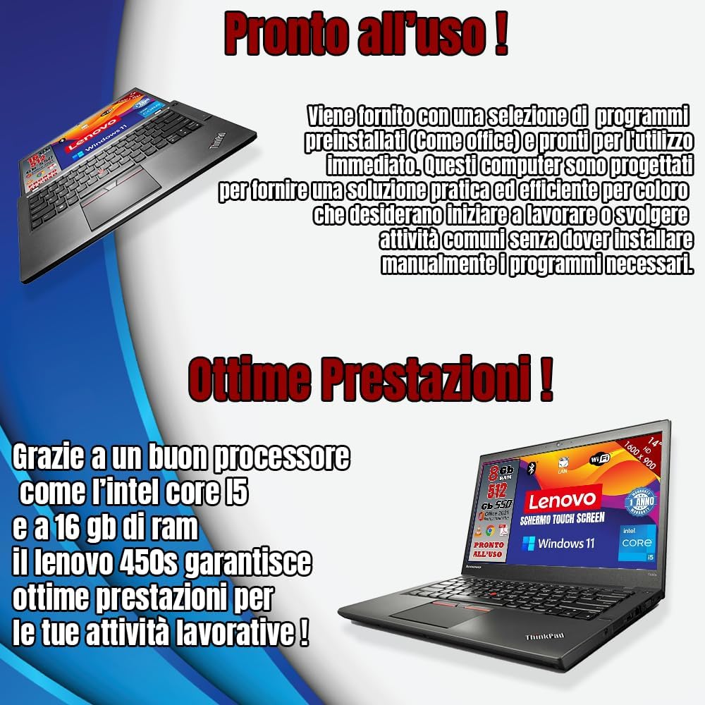 Lenovo, Pc portatile Intel Core i5, Notebook Con Display TOUCHSCREEN HD da 14, Ram 8Gb, SSD 512Gb, Win 11 pro, Pacchetto Office 2021, Garanzia Italiana (Ricondizionato) MOUSE + PENDRIVE 32gb Lenovo, Pc portatile Intel Core i5, Notebook Con Display TOUCHSCREEN HD da 14, Ram 8Gb, SSD 512Gb, Win 11 pro, Pacchetto Office 2021, Garanzia Italiana (Ricondizionato) MOUSE + PENDRIVE 32gb