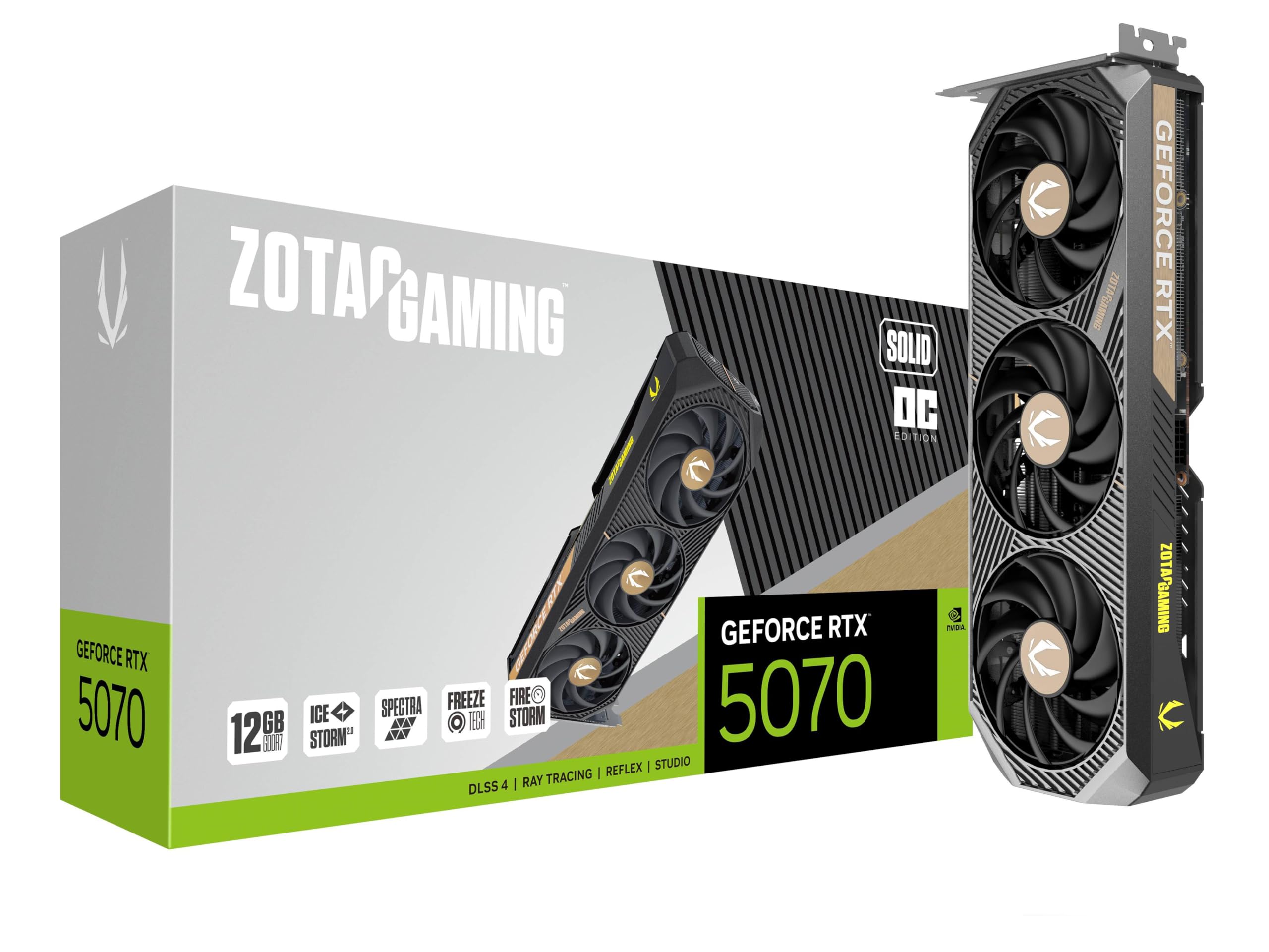 ZOTAC Gaming GeForce RTX 5070 Solid OC DLSS 4 12GB GDDR7 192-bit 28 Gbps PCIE 5.0 Tarjeta gráfica para Juegos, refrigeración IceStorm 2.0, iluminación Spectra RGB, ZT-B50700J-10A