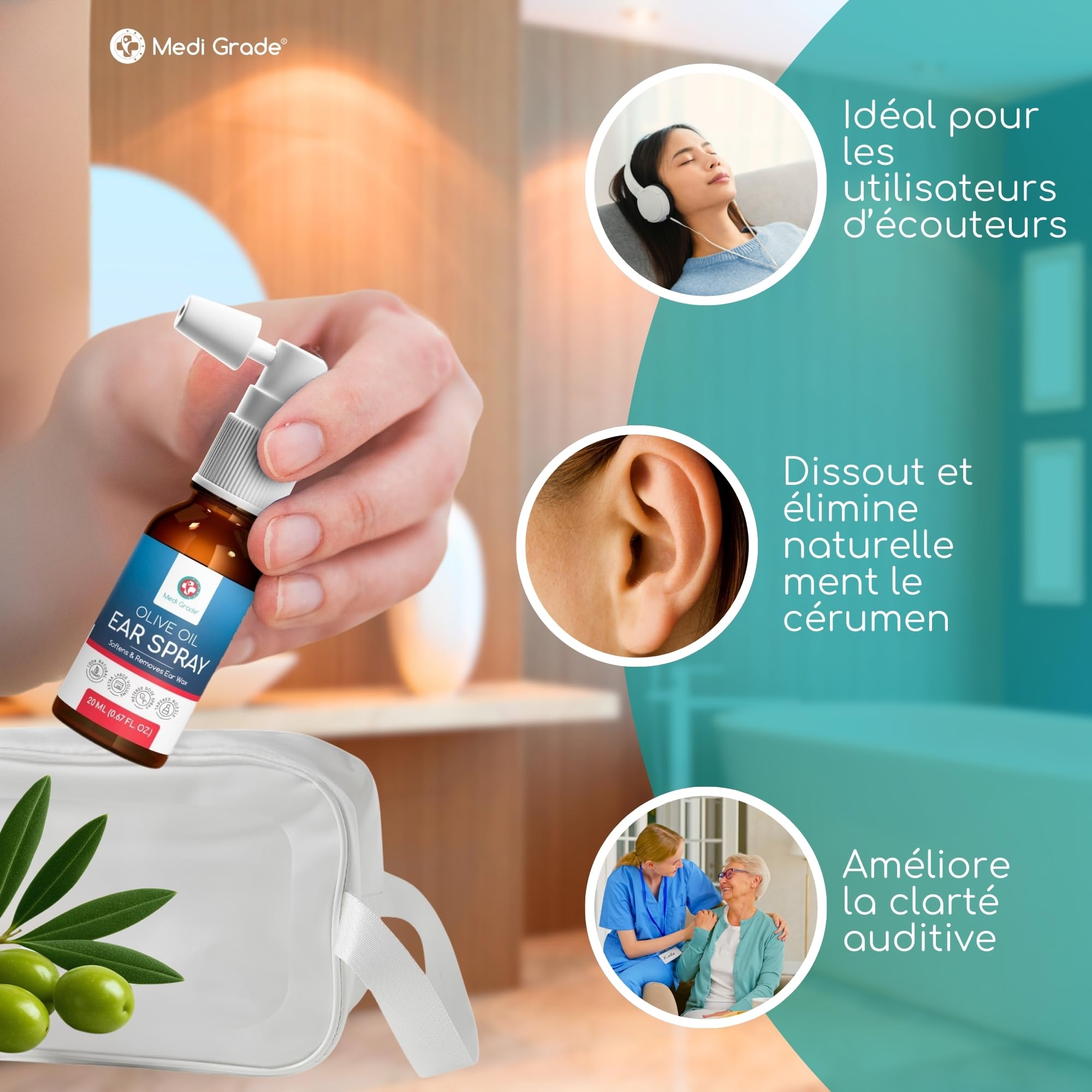 Medi Grade Spray d'Huile d'Olive pour Oreilles Bouchées 20ml – Auriculaire 100% Naturel qui Adoucit, Élimine l'Accumulation de Cérumen – Plus de 50 Vaporisations, Nettoyant