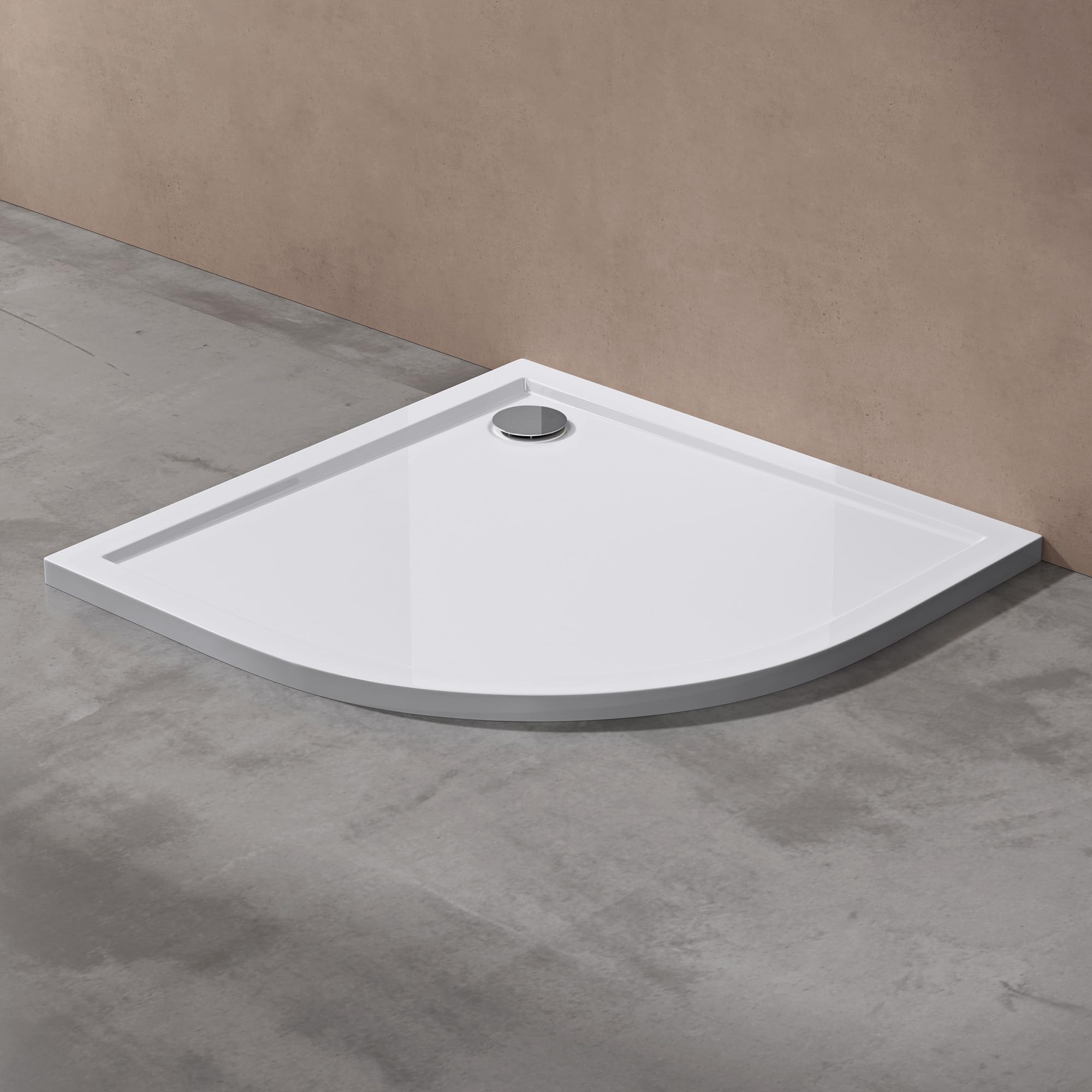 doporro Plato de ducha plano diseño Faro3W 80x80x4cm acrílico en blanco cuarto de círculo adecuada para instalación a nivel del suelo y conexiones-DIN | Plato de ducha plano para montaje a nivel del suelo con conexiones DIN, estable y fácil de limpiar par