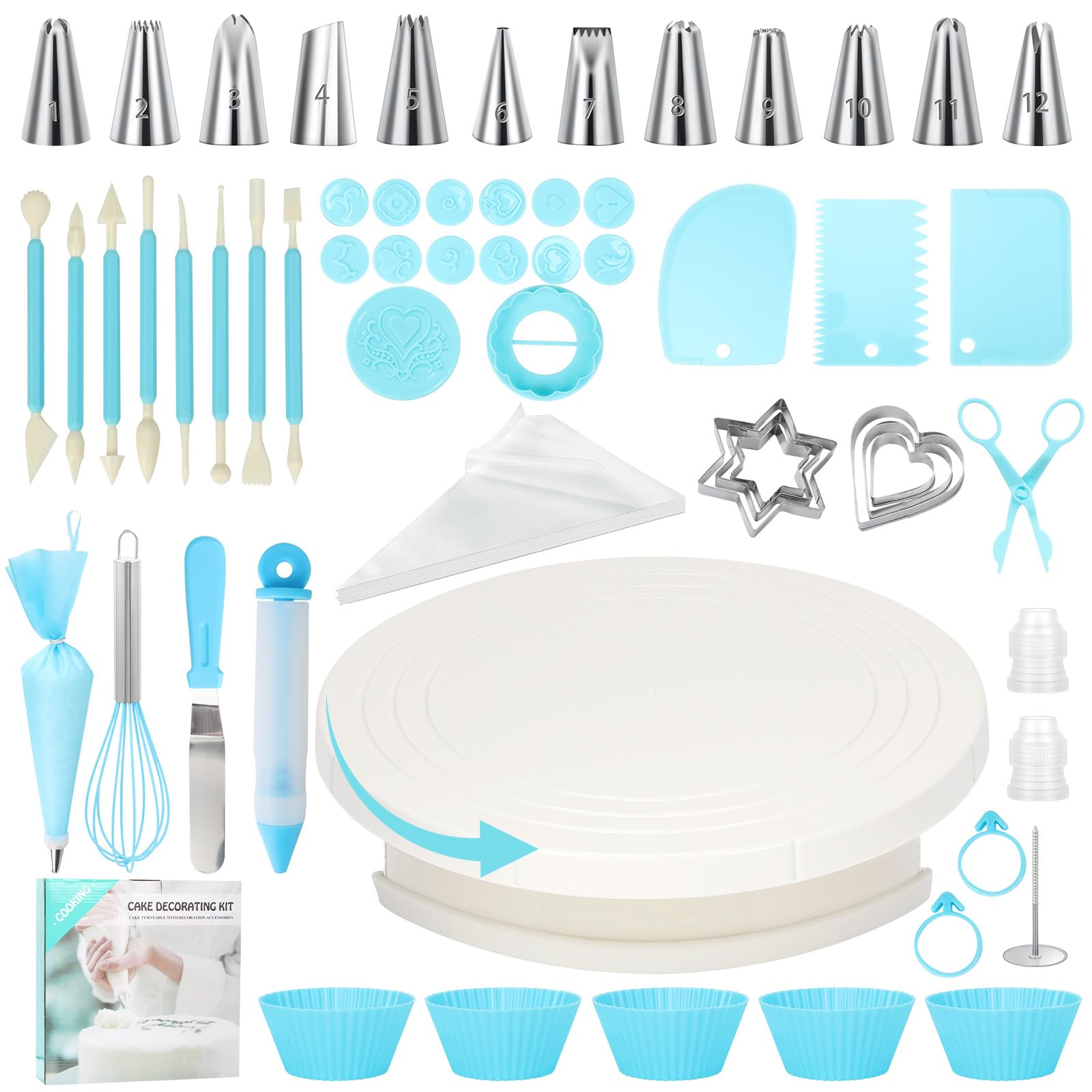Cozary 110 Piece Pastry Kit, Cake and Oven Accessories with Rotating Plate for Cakes, Nozzles, Pastry Bag, Spatulas, Biscuit Cutter, Silicone Muffin Cases