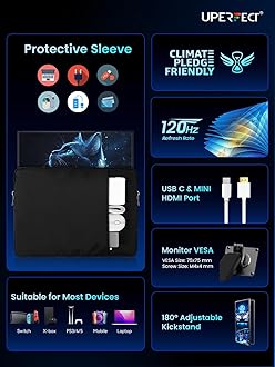 UPERFECT 18.5'' Portable Touchscreen 120hz Monitor w/VESA & 180° Adjustable Stand, Ultra-Slim & Lightweight FHD FreeSync IPS HDR Gaming Display, USB C Travel Second Monitor for Laptop Switch Phone