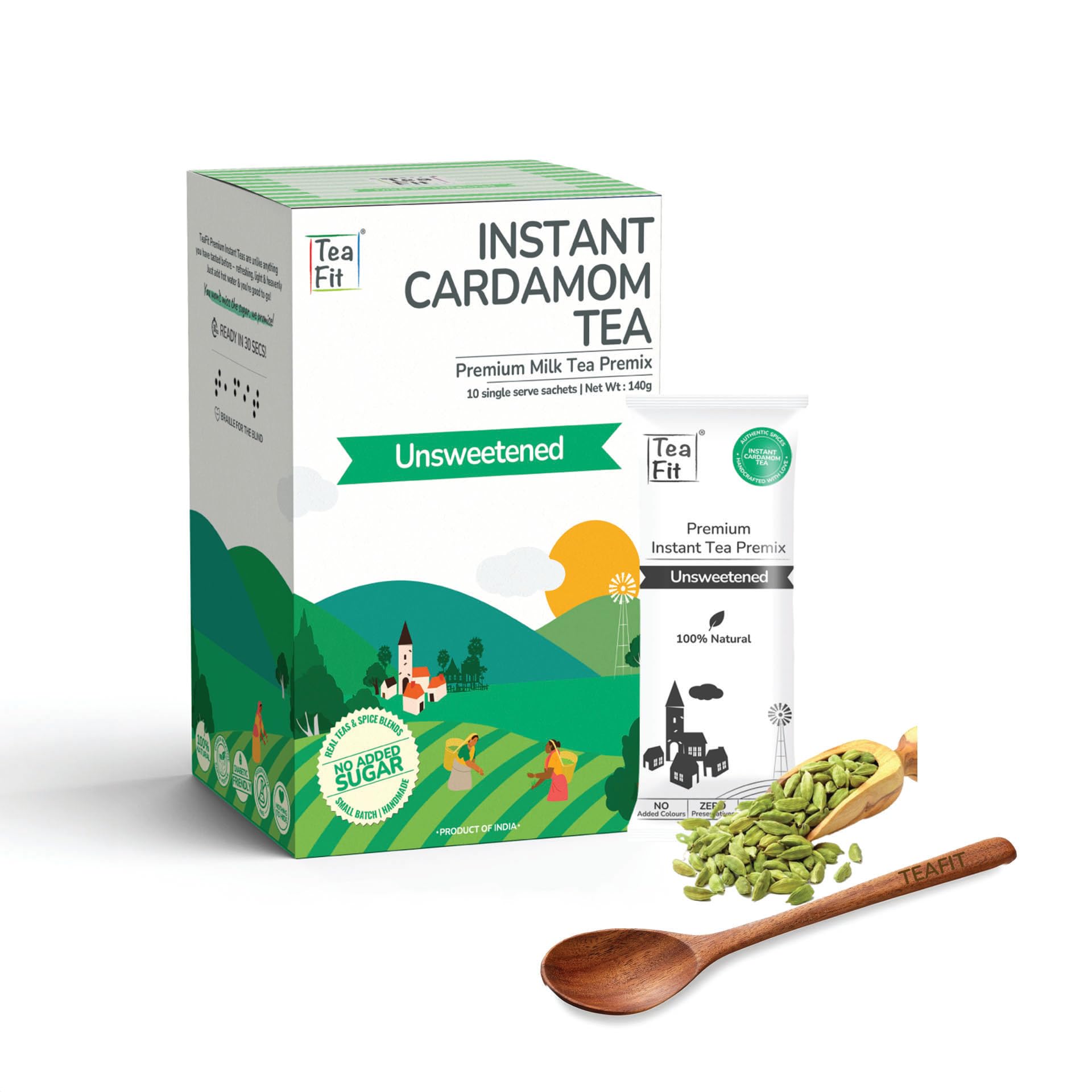 Premium NO SUGAR Instant Cardamom Tea Premix | Pack of 50 Sachets (700gm) + Spoon | Real Milk & Cardamom | Home Style Elaichi Chai | Milk Tea Premix | Diabetic Friendly | No Added Sweeteners