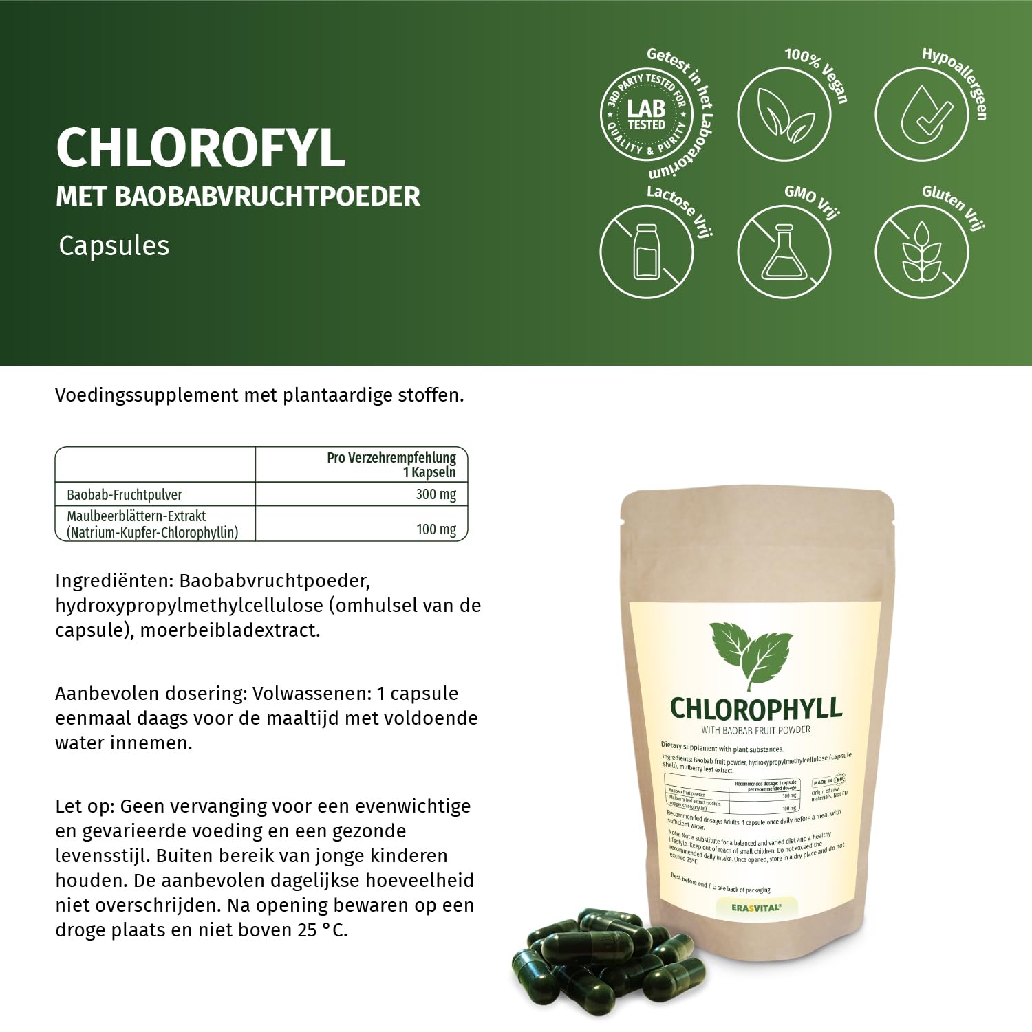 Chlorophyll 90 Kapseln - Pflanzenkraft aus Maulbeerblättern und Baobab-Fruchtpulver - Vitalstoff-Formel für Balance und Wohlbefinden, ohne Zusatzstoffe, laborgeprüft, vegan.