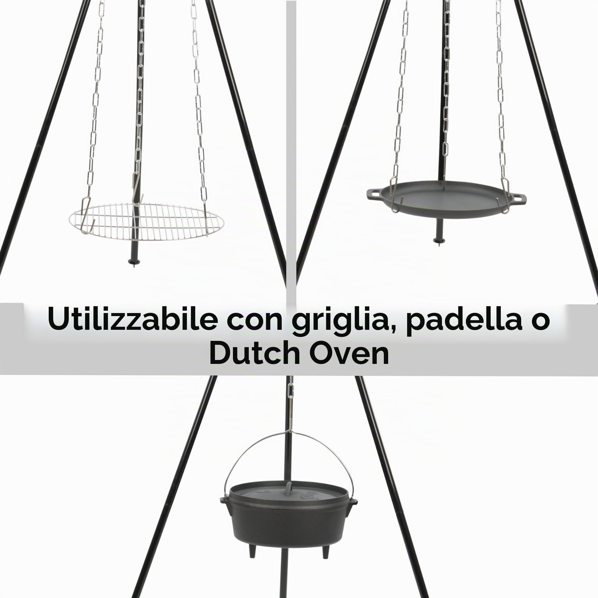 BBQ-Toro Dutch Oven Kit a 6 pezzi in scatola di legno, ghisa, bruciato in, pentola, padella, griglia, treppiede e altro ancora