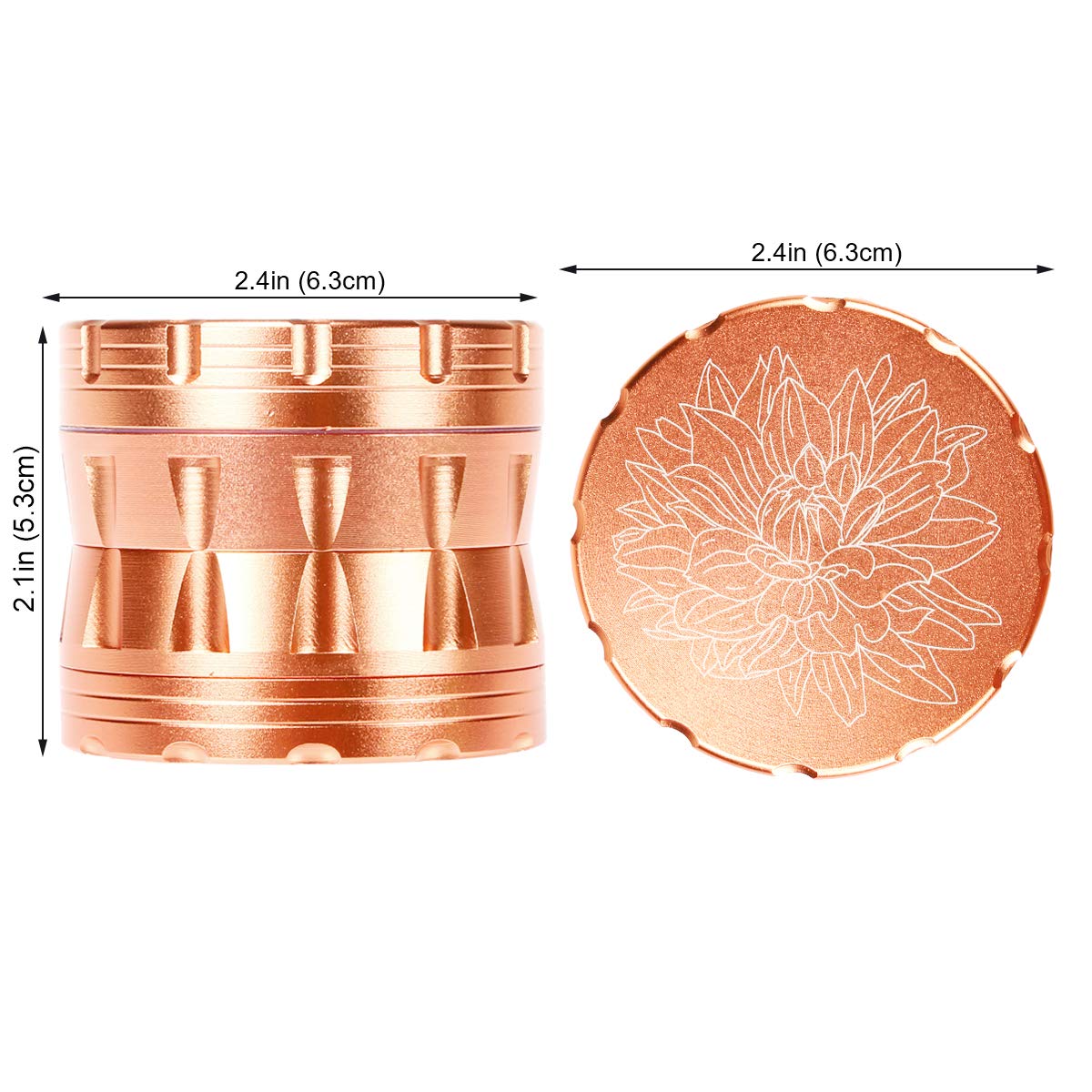 DCOU Premium Aluminium Gewürze Metallschleifer mit Pollenfänger mit Laser Blumenmuster 63mm 4 Stück