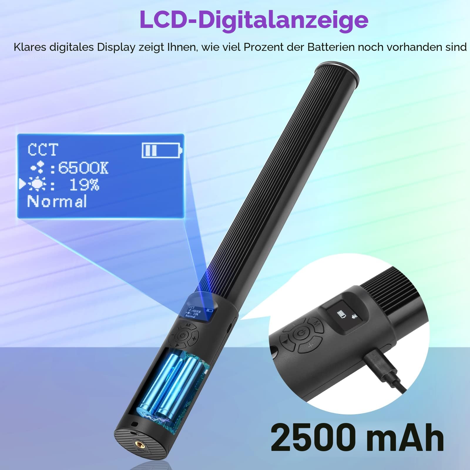 LUXCEO P400 LED Videoleuchte RGB Lichtstab Fotografie, 360° Volle Farbe RGB Tube Light, 500Lux@0.5m, 2500K-6500K, CRI95+, Helligkeit 0–100% einstellbar, 12 Effekte für Vlog,YouTube,Fotografie
