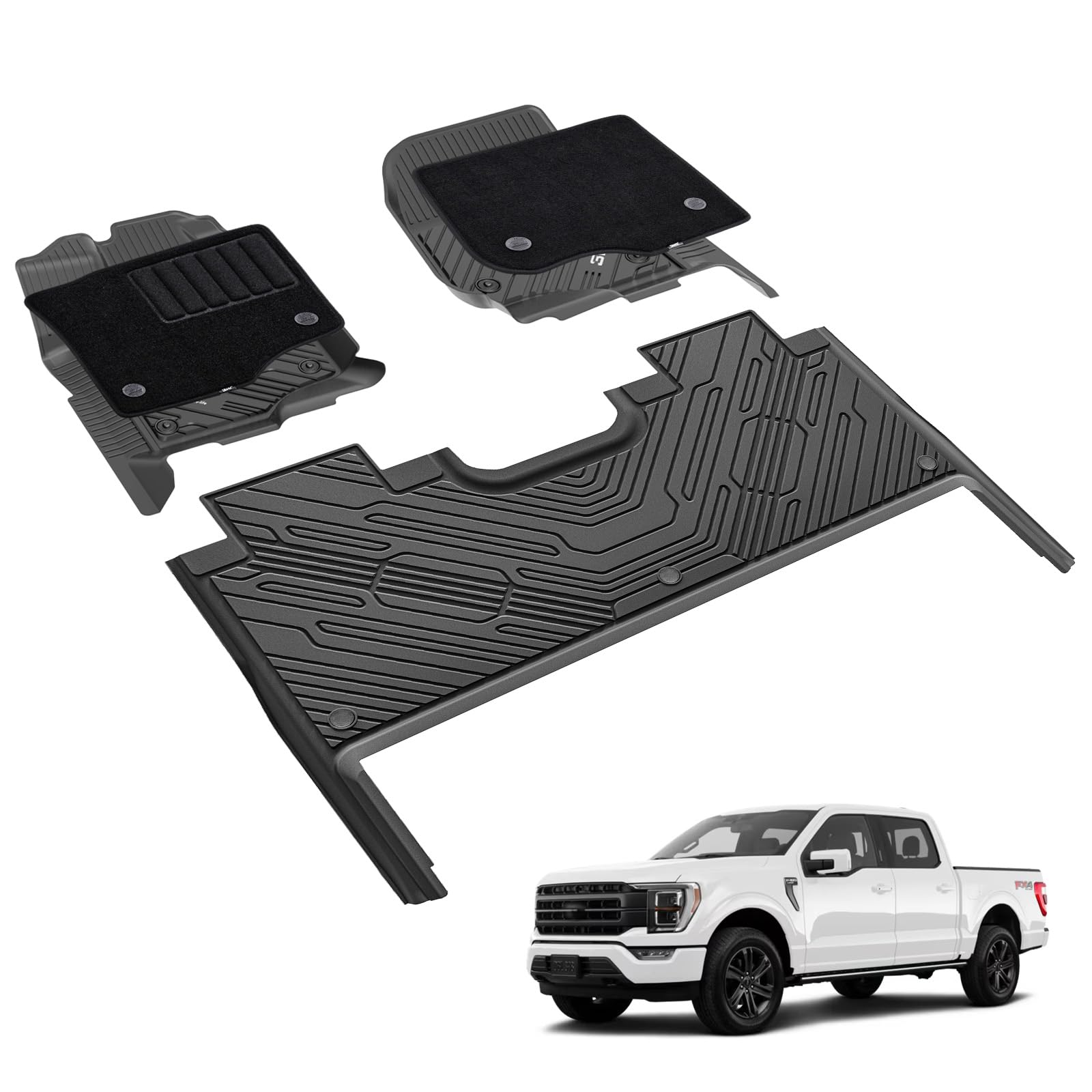3W Floor Mats Front Carpet Fit for 2015-2025 Ford F150 F-150 Lightning SuperCrew Cab TPE All Weather Heavy