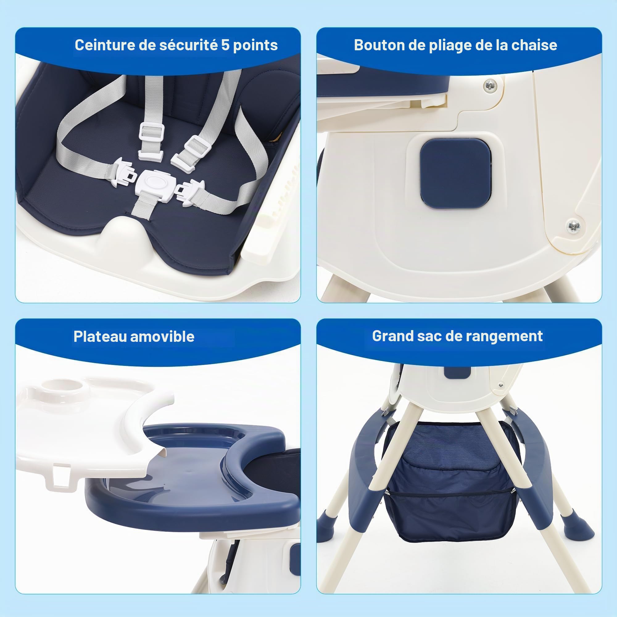 Chaise Haute bébé Evolutive Pliable Chaise Haute Inclinable Enfant Chaise Reglable Hauteur avec Roue Verrouillable et Double Plateau, 4 Angles d'Inclinaison, de 6+ Mois (Bleu)
