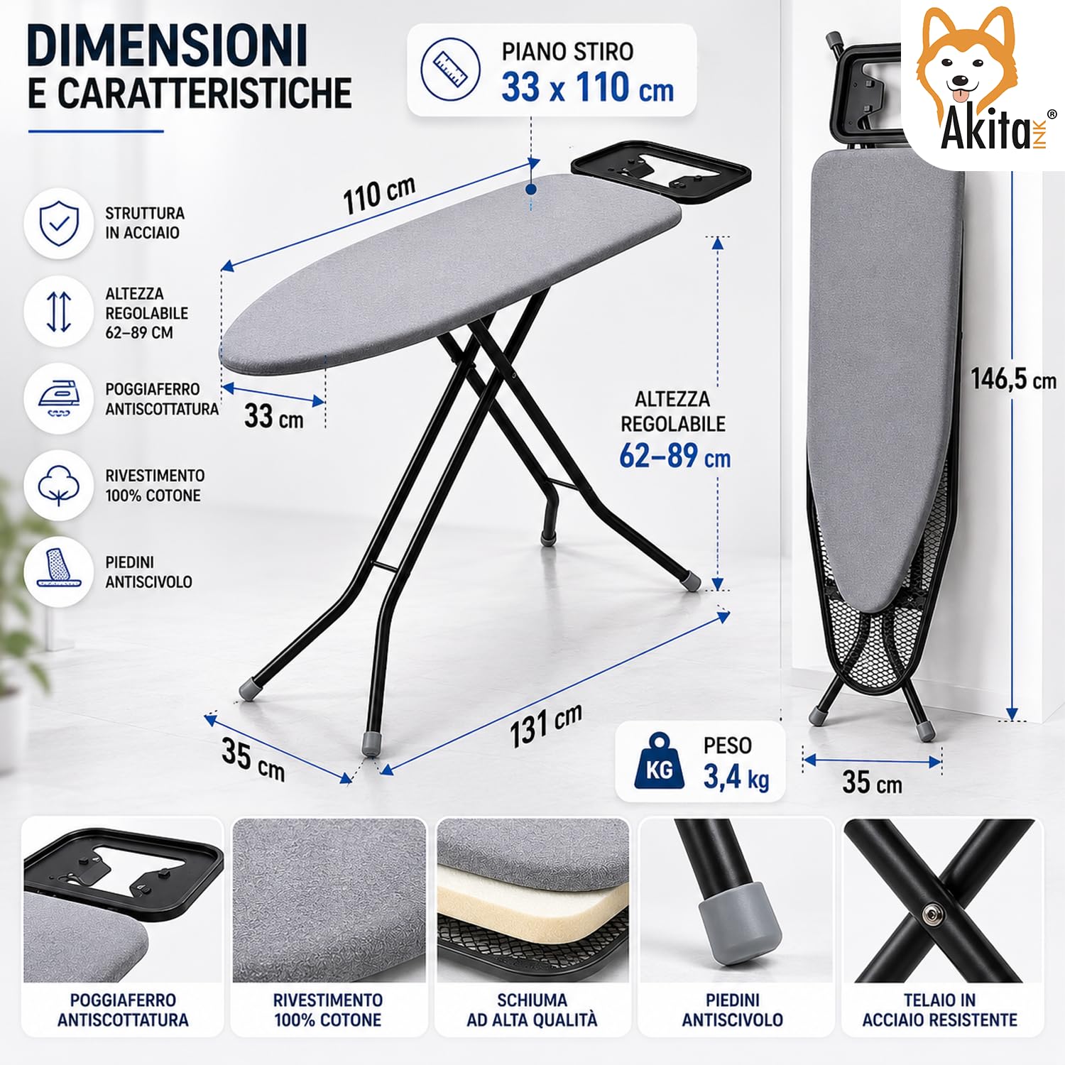 AKITAInk Asse da Stiro BRAVA 33x110 cm in Acciaio, Asse Pieghevole Regolabile con Poggiaferro, Piedi Antiscivolo e Rivestimento 100% Cotone
