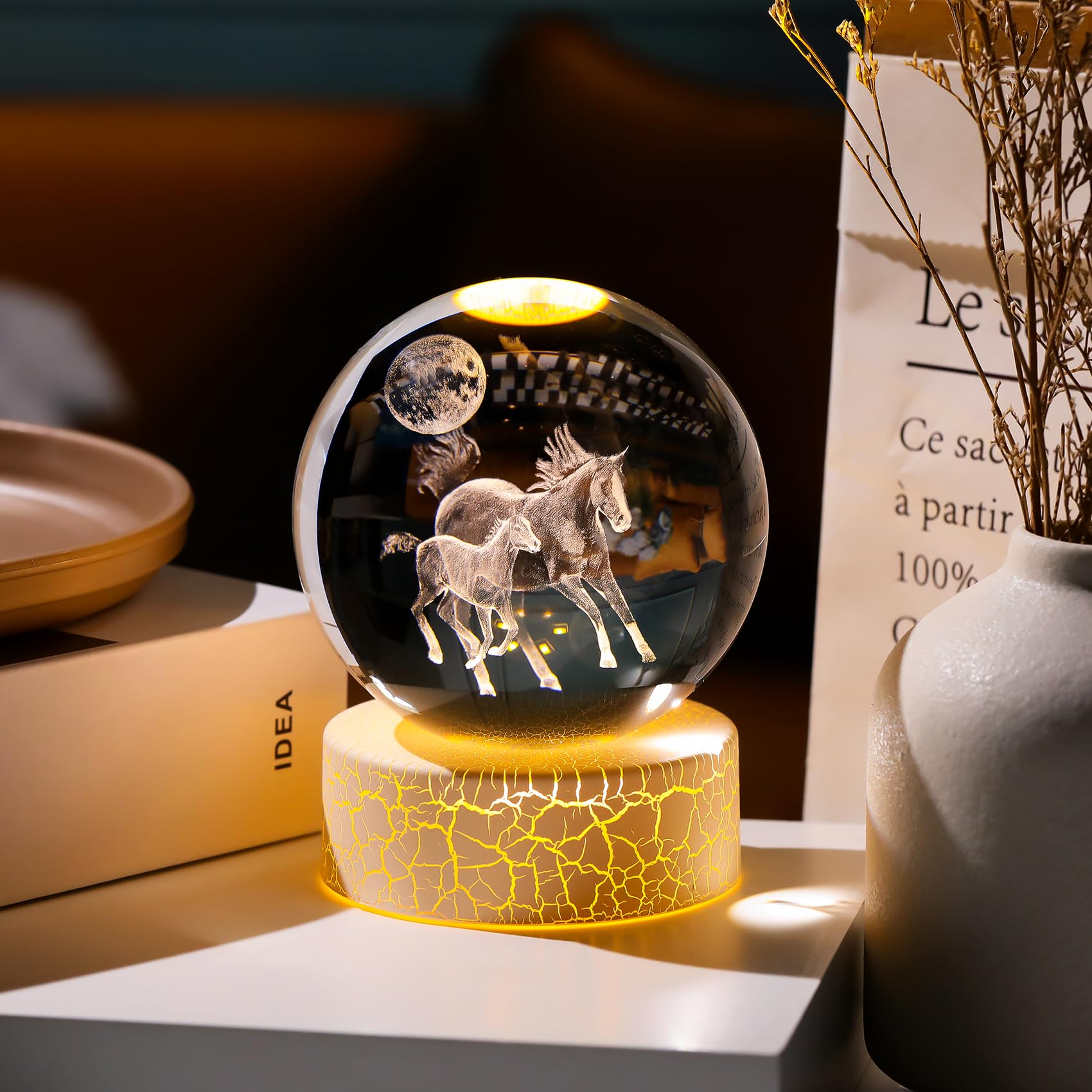 Arikyrist Horse Gifts for Girls Women 8cm/ 3.15" K9 Crystal Ball Engraved 3D Horses Figurine with LED Warm Light Stand - Image 2