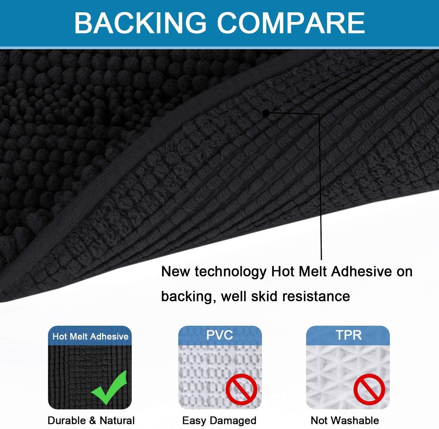 Tapis de bain antidérapant en chenille à poils longs doux pour chambre à coucher (noir 120 x 43 cm) – Parfait pour la salle de bain