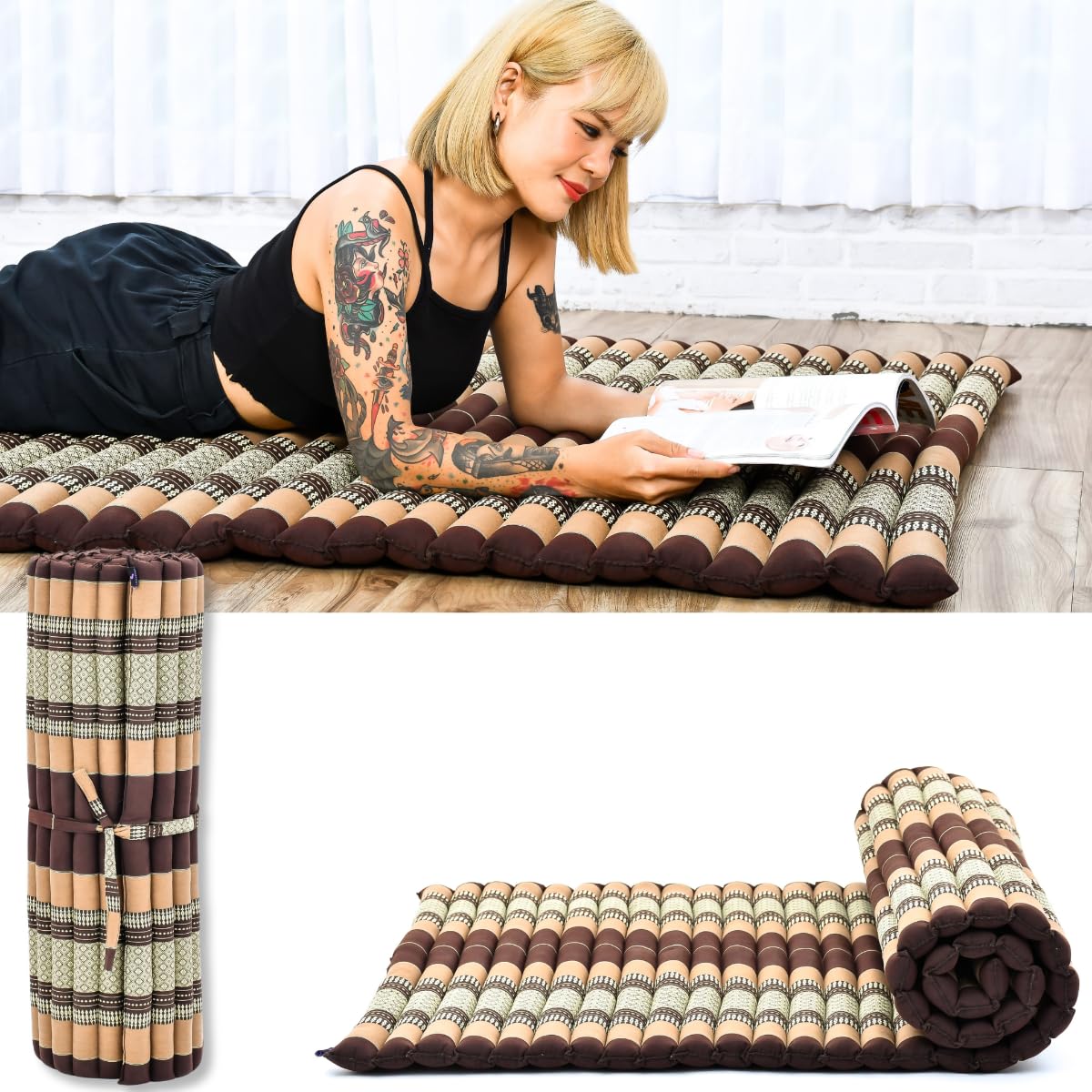 Leewadee - Kapok Roll Mat – Handcrafted Folding Sleep &amp; Relaxation Mattress from Thailand, Ideal as Guest Bed, Camping Mat, Yoga Mat or Traditional Futon, 75 x 39 inches, Brown