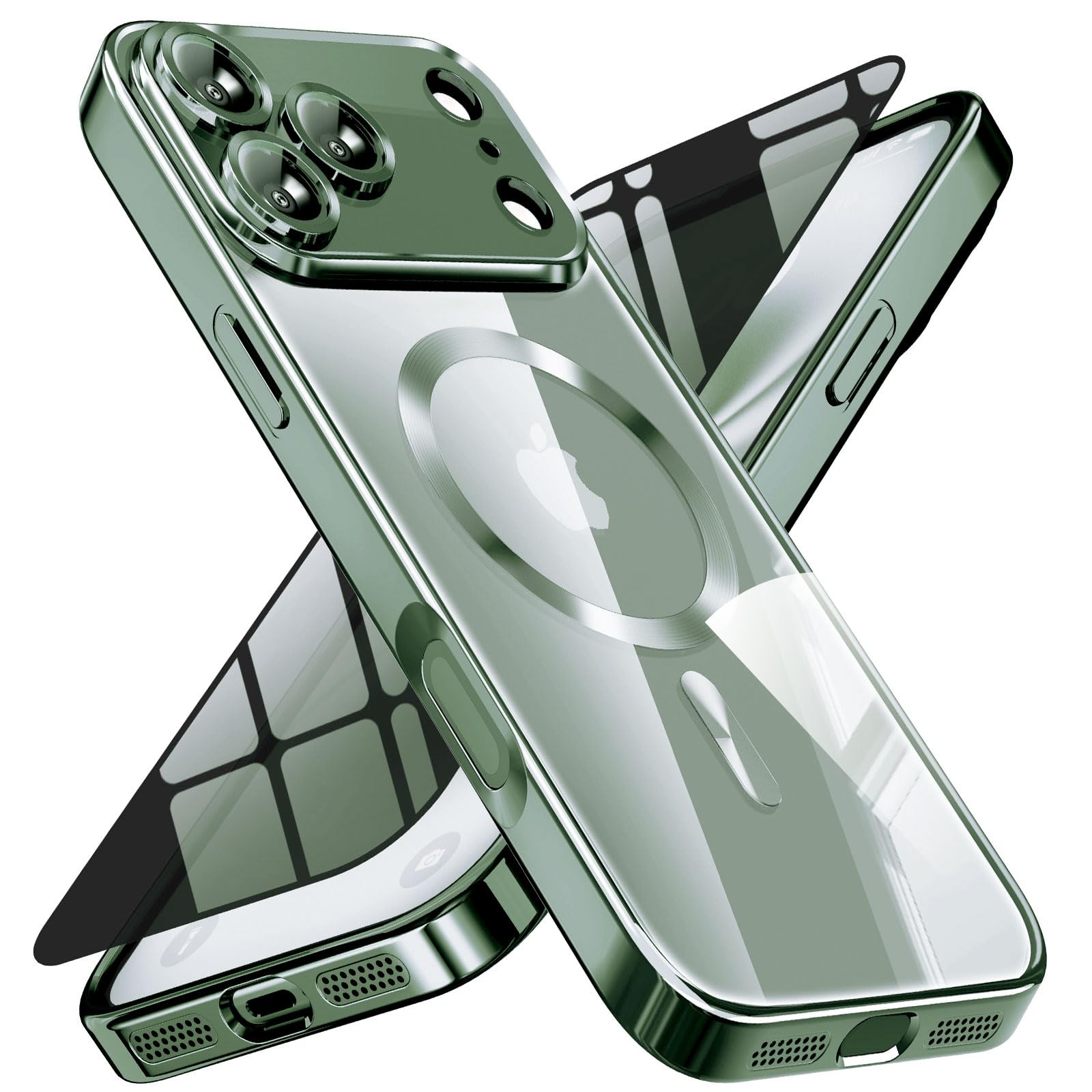 Magnetic for iPhone 17 Pro Max Case with Privacy Screen Protector &amp; Full Camera Cover,[Non-Yellowing] Shockproof Clear Phone Case Compatible with MagSafe Women Girls for iPhone 17 ProMax,Dark green