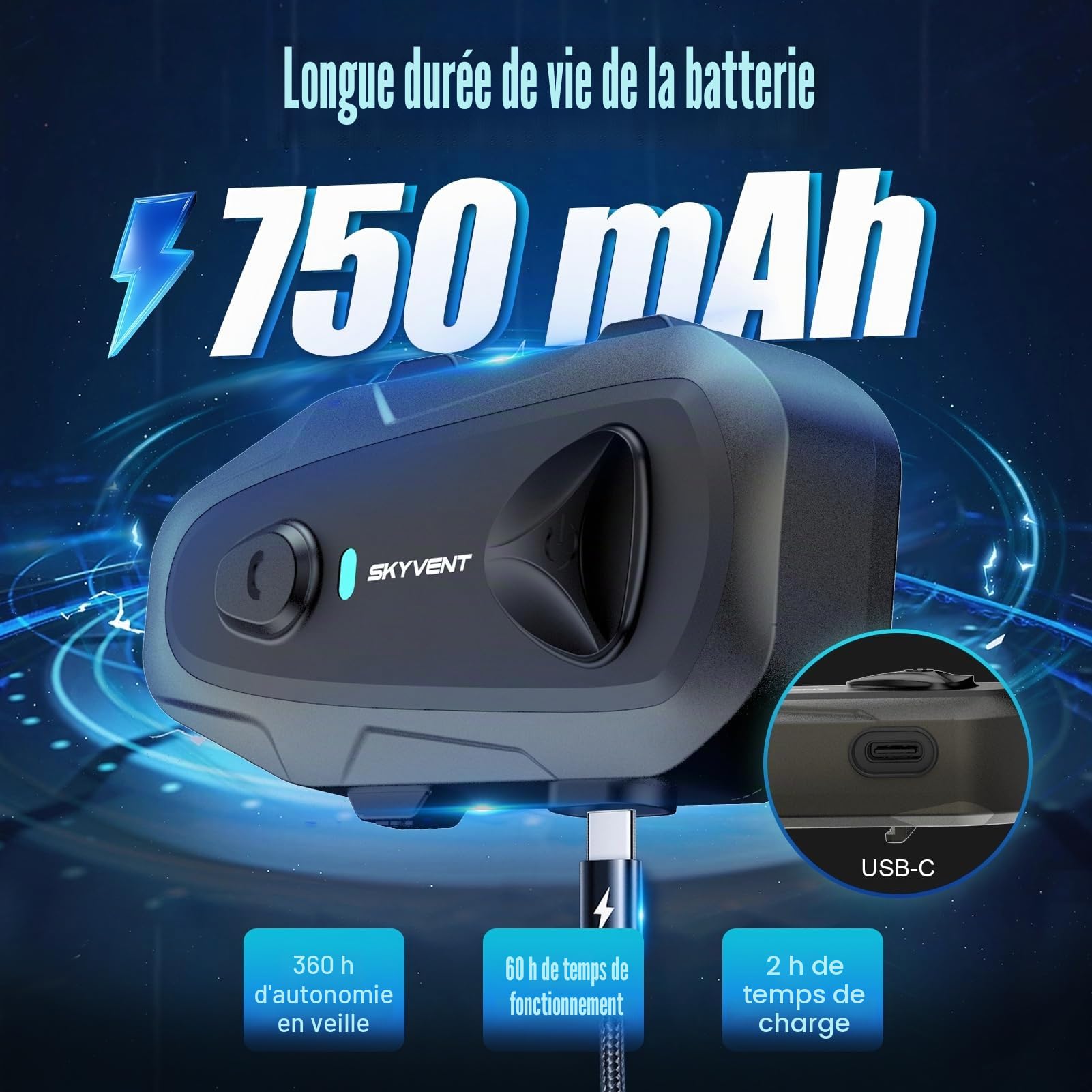 E1 Casque Bluetooth pour Moto -Bluetooth5.3 Interphone professionnel pour casque jusqu'à 800 m, contrôle vocal étanche IP65 et appels mains libres, haut-parleurs HD et annulation du bruit