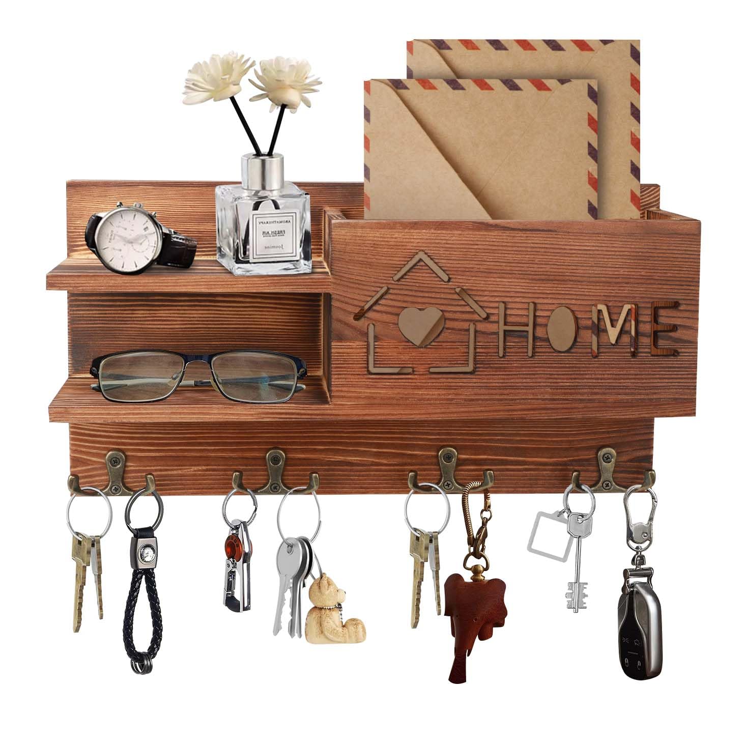 Gocokia Mail and Key Holder for Wall Decorative, Wooden Mail Organizer with 4 Double Key Hooks, Wall Mounted Key Hangers with Mailbox, Home Decor for Entryway Mudroom Hallway Office