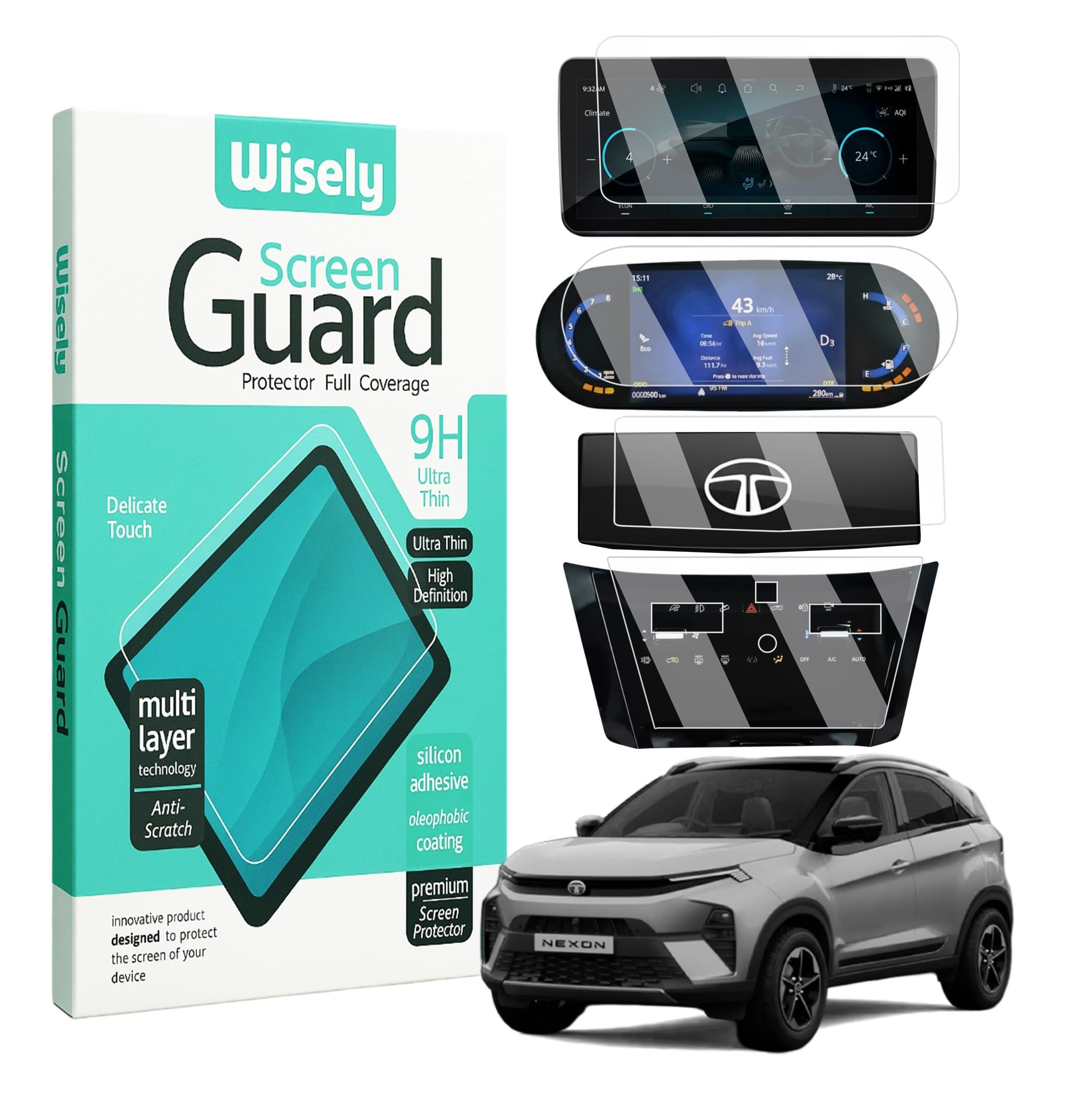 Wisely Pack 4 - Screen Guard for TATA NEXON CREATIVE Plus + & CREATIVE+S (2023) Car Display Protector - 10.25 INCH INFOTAINMENT [Round Edge] +7 INCH INSTRUMENT CLUSTER + STEERING + AC Console - Stereo Car Accessories